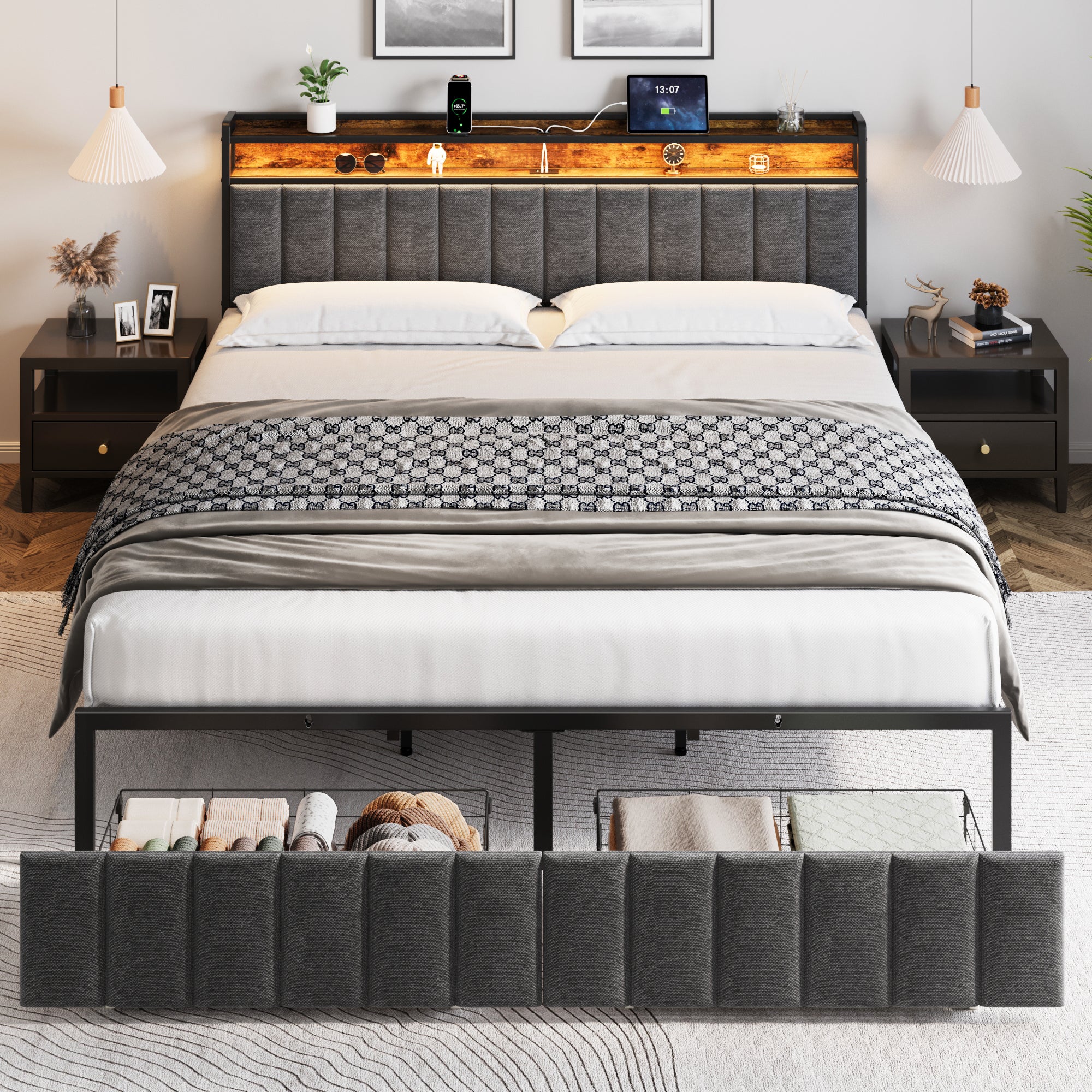 Upholstered Bed Frame with 2 Drawers, LED Lights Headboard and Charging Station