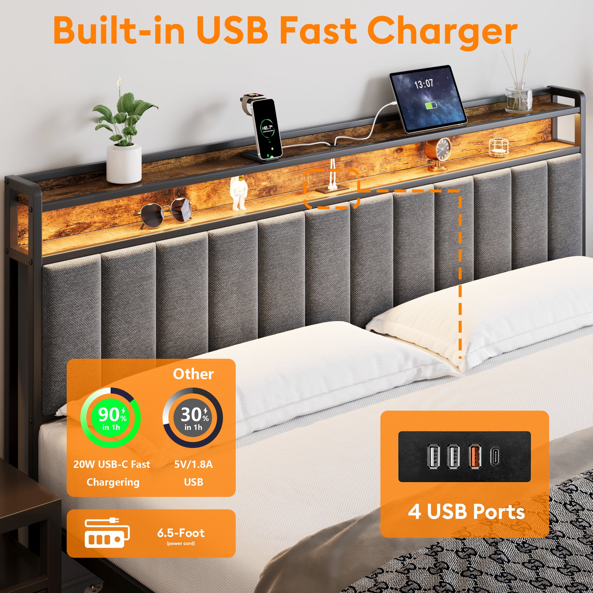 Upholstered Bed Frame with 2 Drawers, LED Lights Headboard and Charging Station