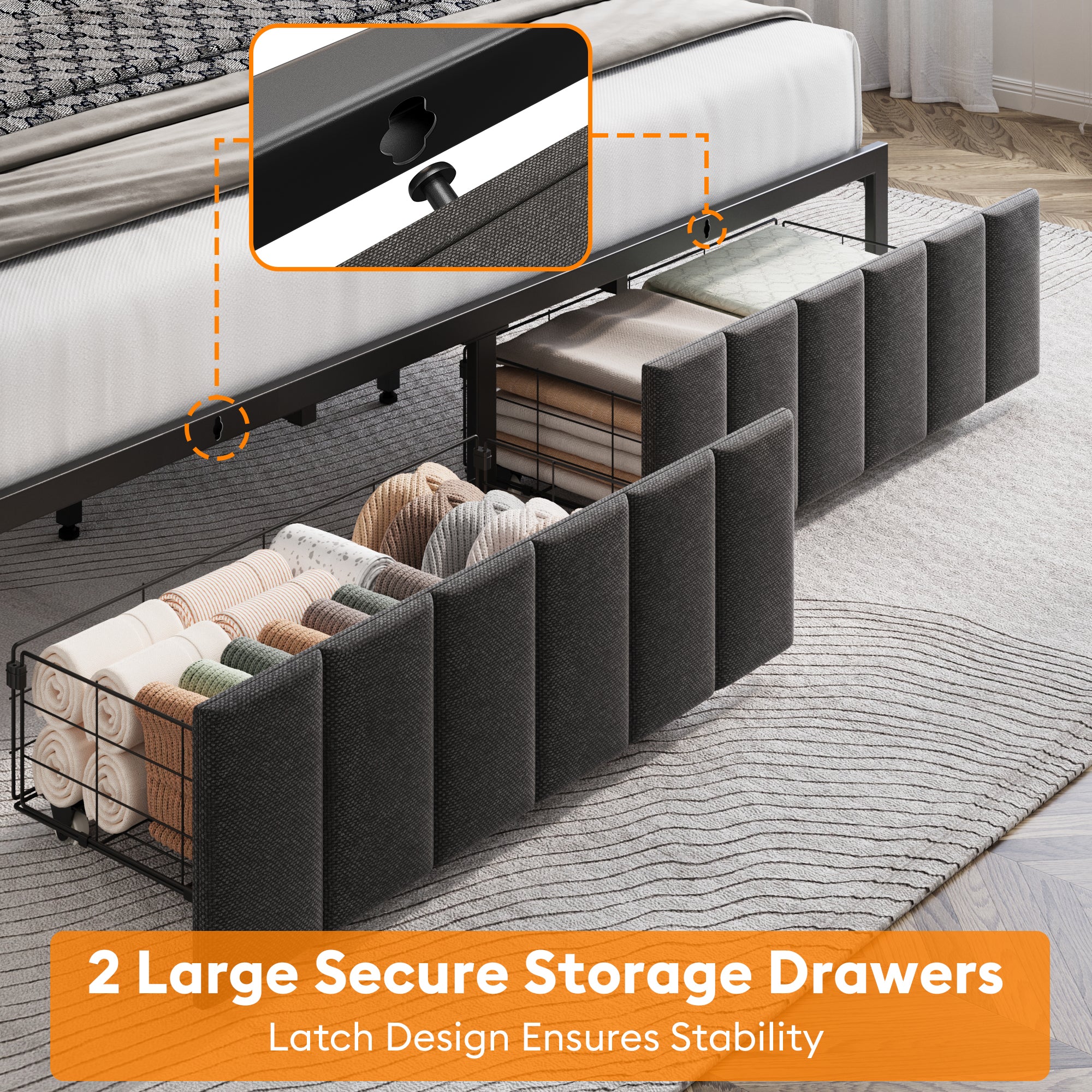 Upholstered Bed Frame with 2 Drawers, LED Lights Headboard and Charging Station
