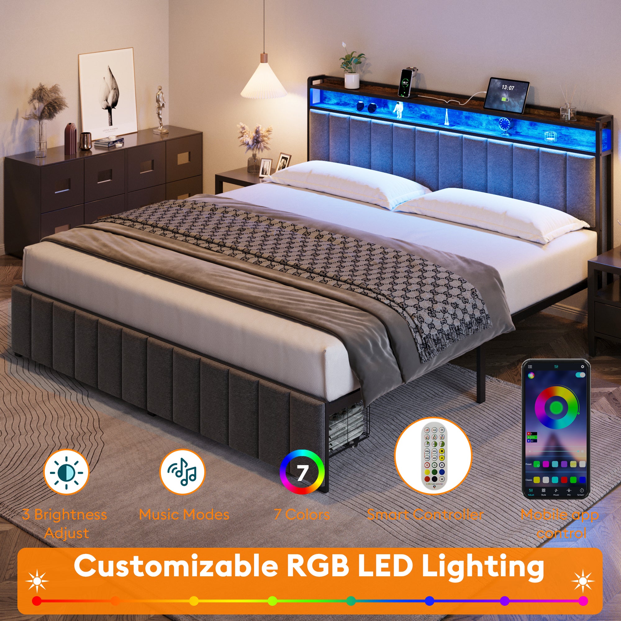 Upholstered Bed Frame with 2 Drawers, LED Lights Headboard and Charging Station