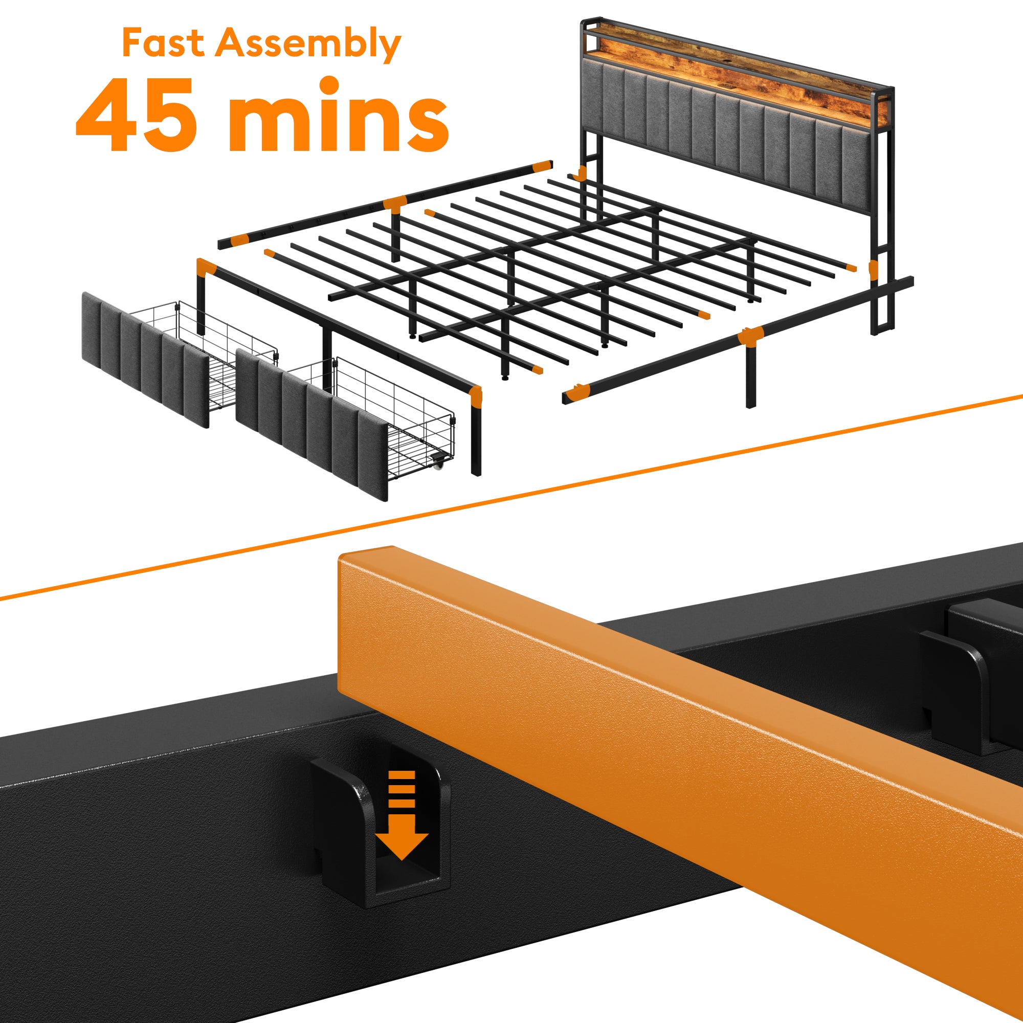 Upholstered Bed Frame with 2 Drawers, LED Lights Headboard and Charging Station