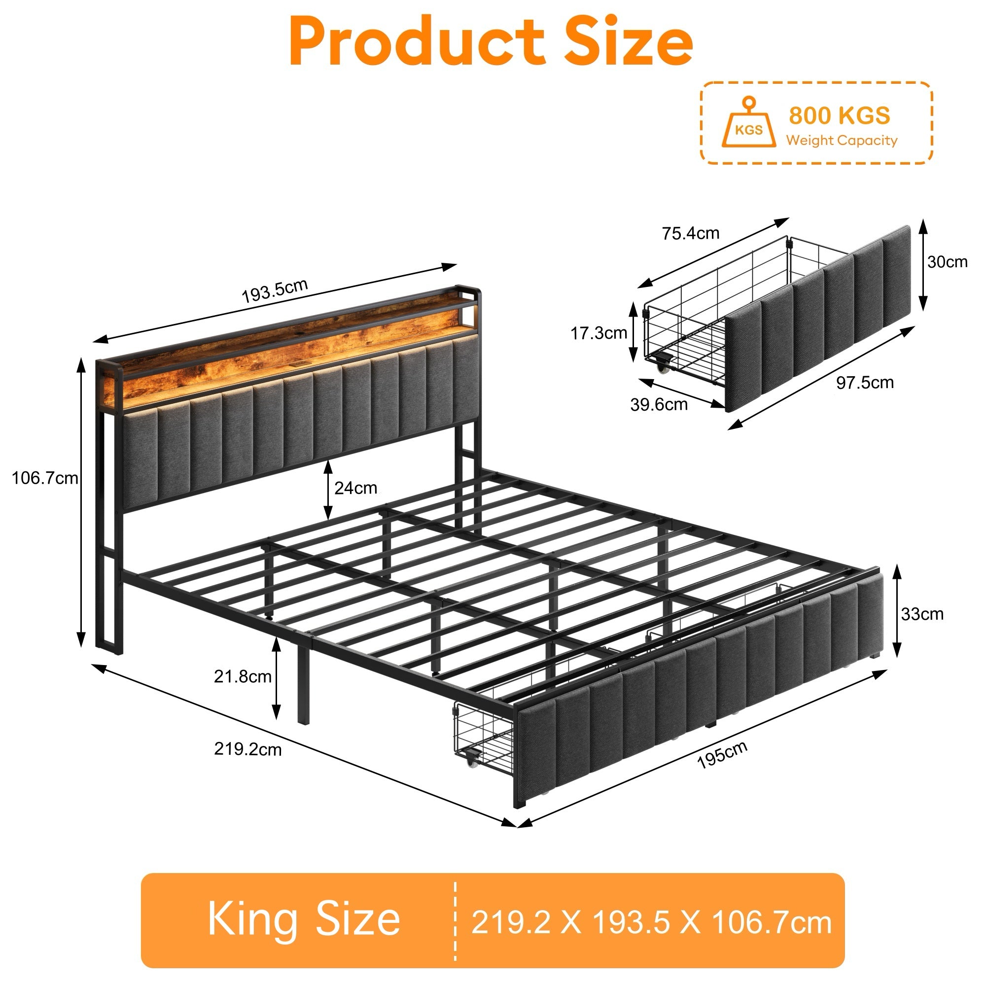 Upholstered Bed Frame with 2 Drawers, LED Lights Headboard and Charging Station