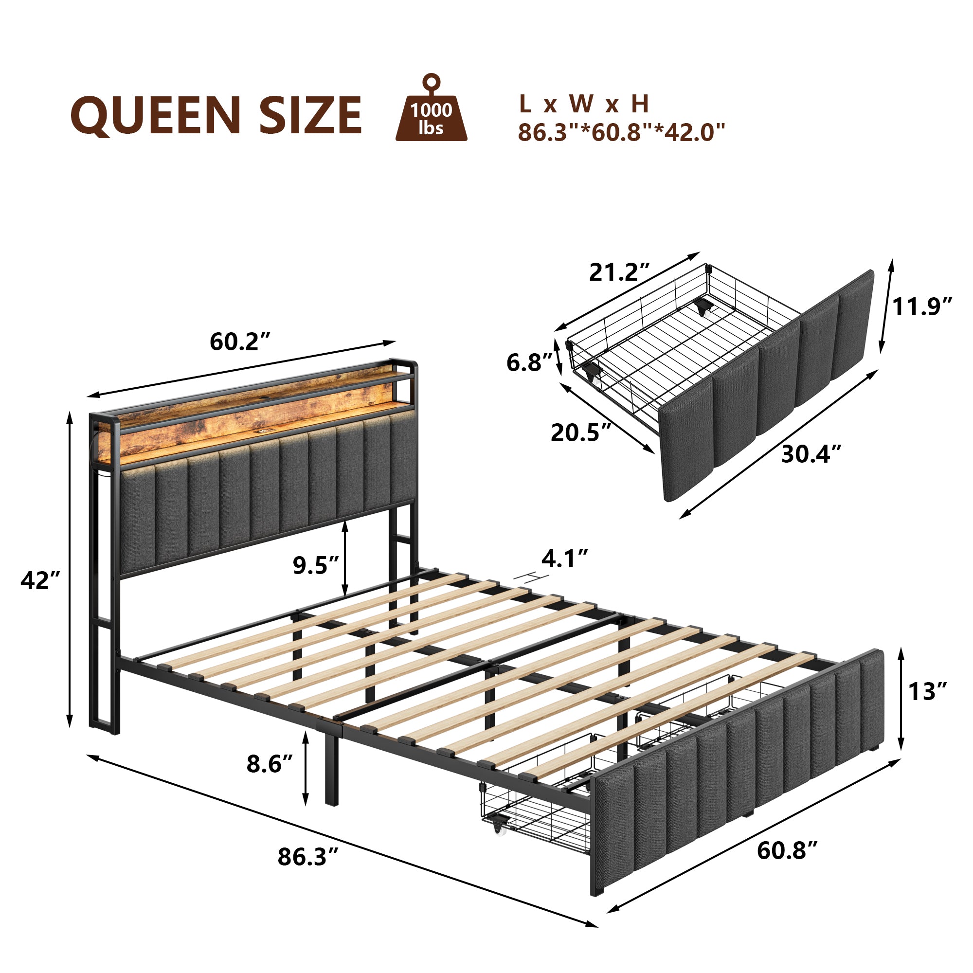 Upholstered Bed Frame with 2 Drawers, LED Lights Headboard and Charging Station