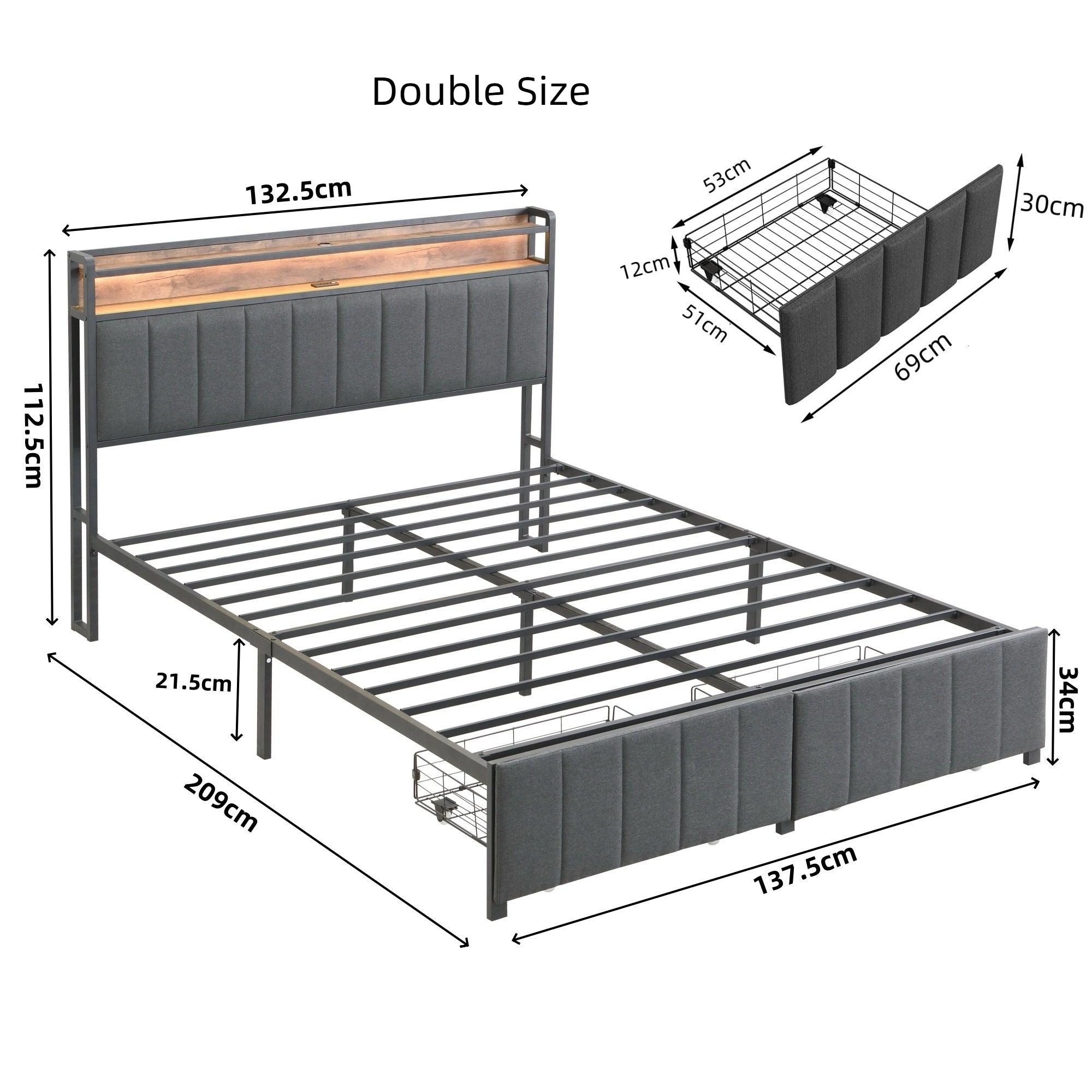 Upholstered Bed Frame with 2 Drawers, LED Lights Headboard and Charging Station