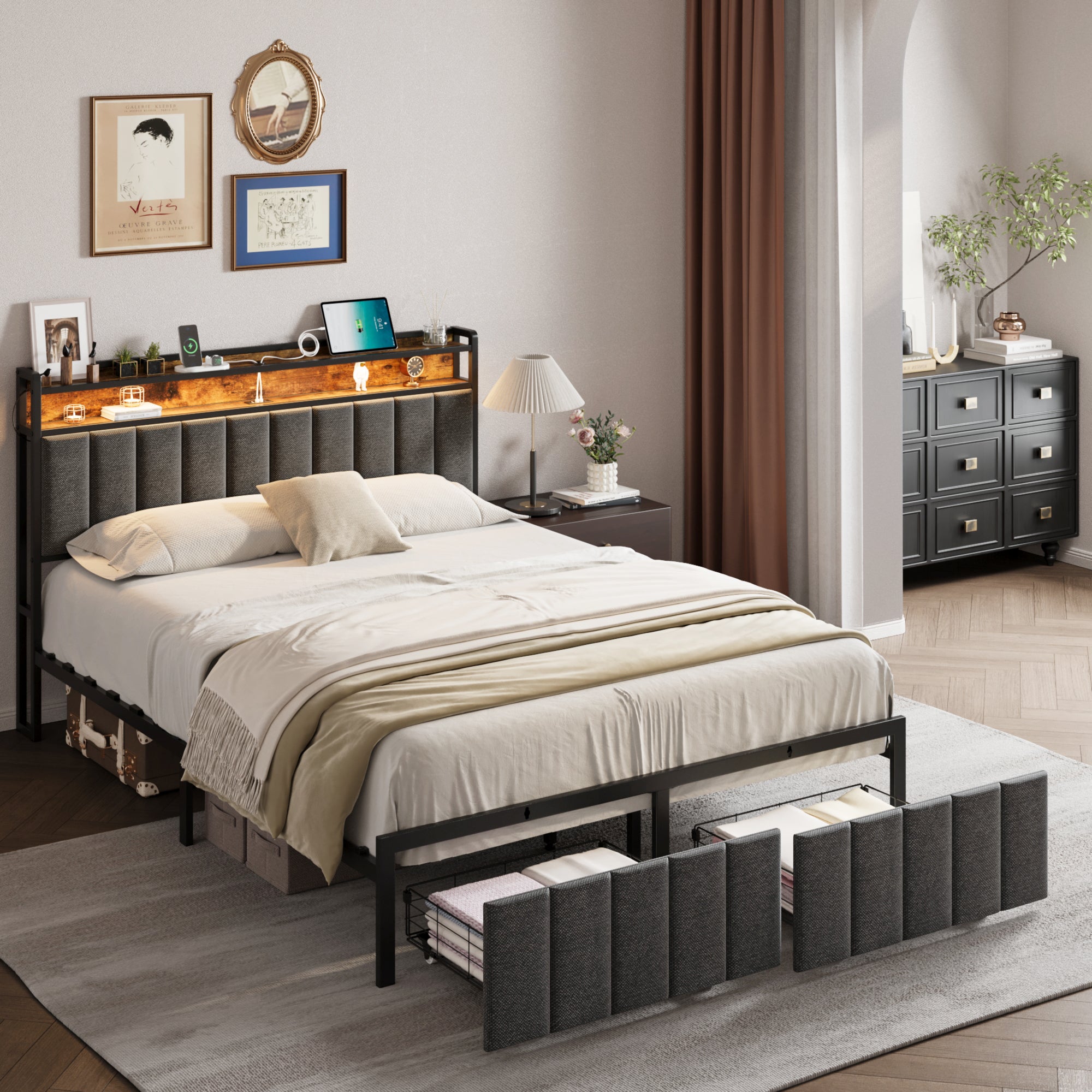 Upholstered Bed Frame with 2 Drawers, LED Lights Headboard and Charging Station