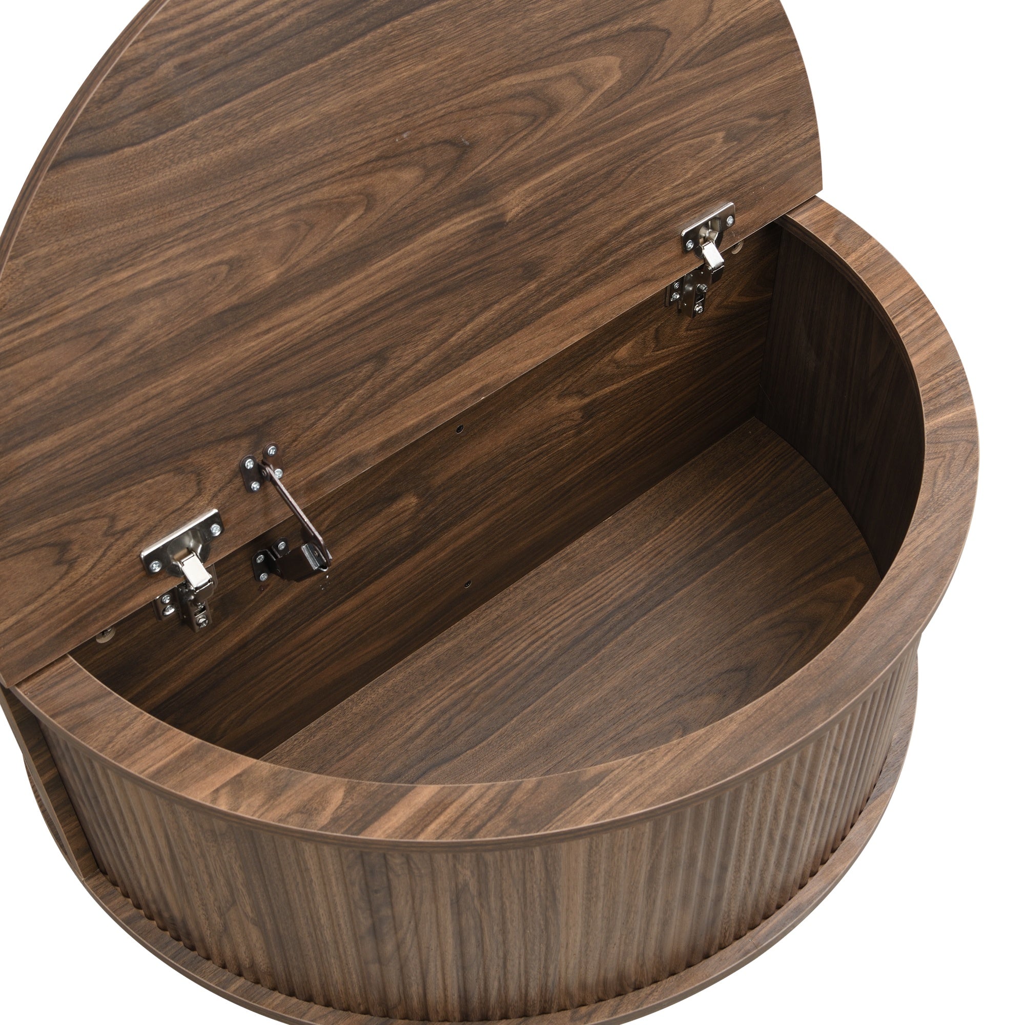 Storage Round Coffee Table, Fluted Center Table with Sliding Cabinet Door for Living Room, Walnut