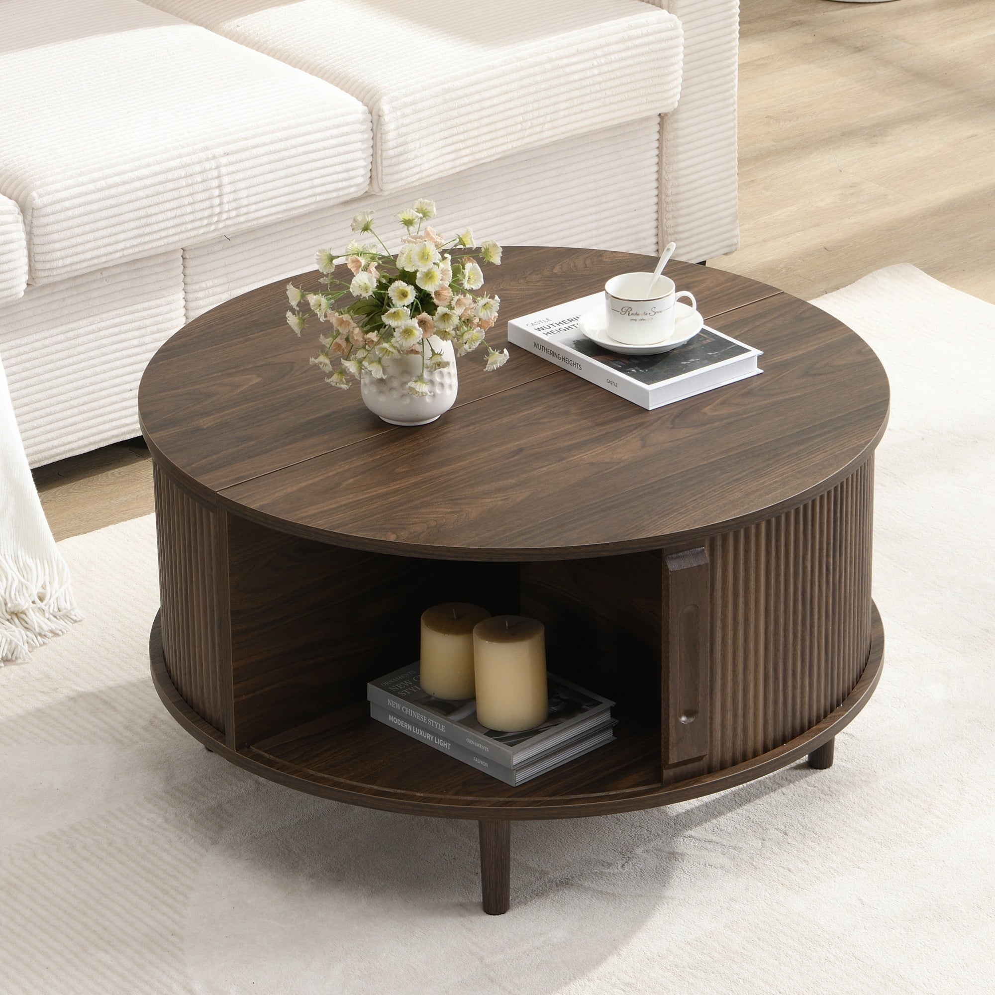 Storage Round Coffee Table, Fluted Center Table with Sliding Cabinet Door for Living Room, Walnut