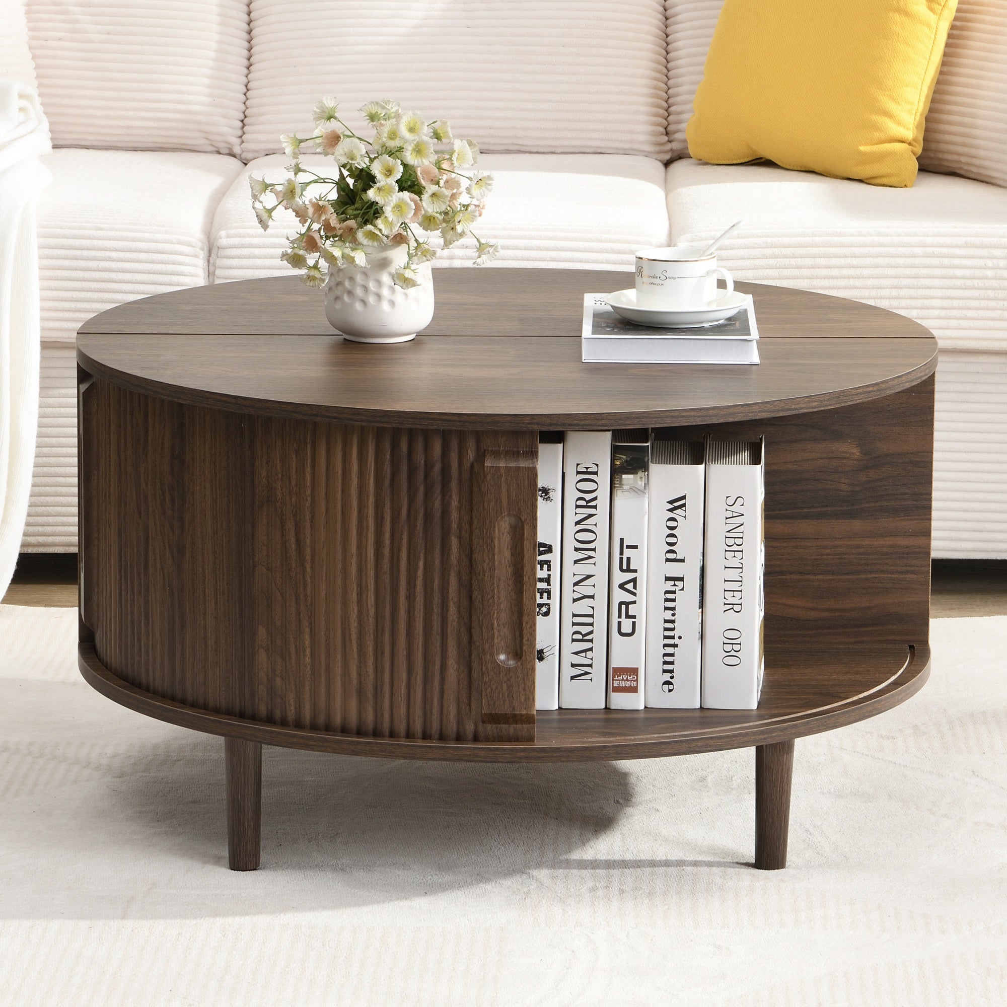 Storage Round Coffee Table, Fluted Center Table with Sliding Cabinet Door for Living Room, Walnut