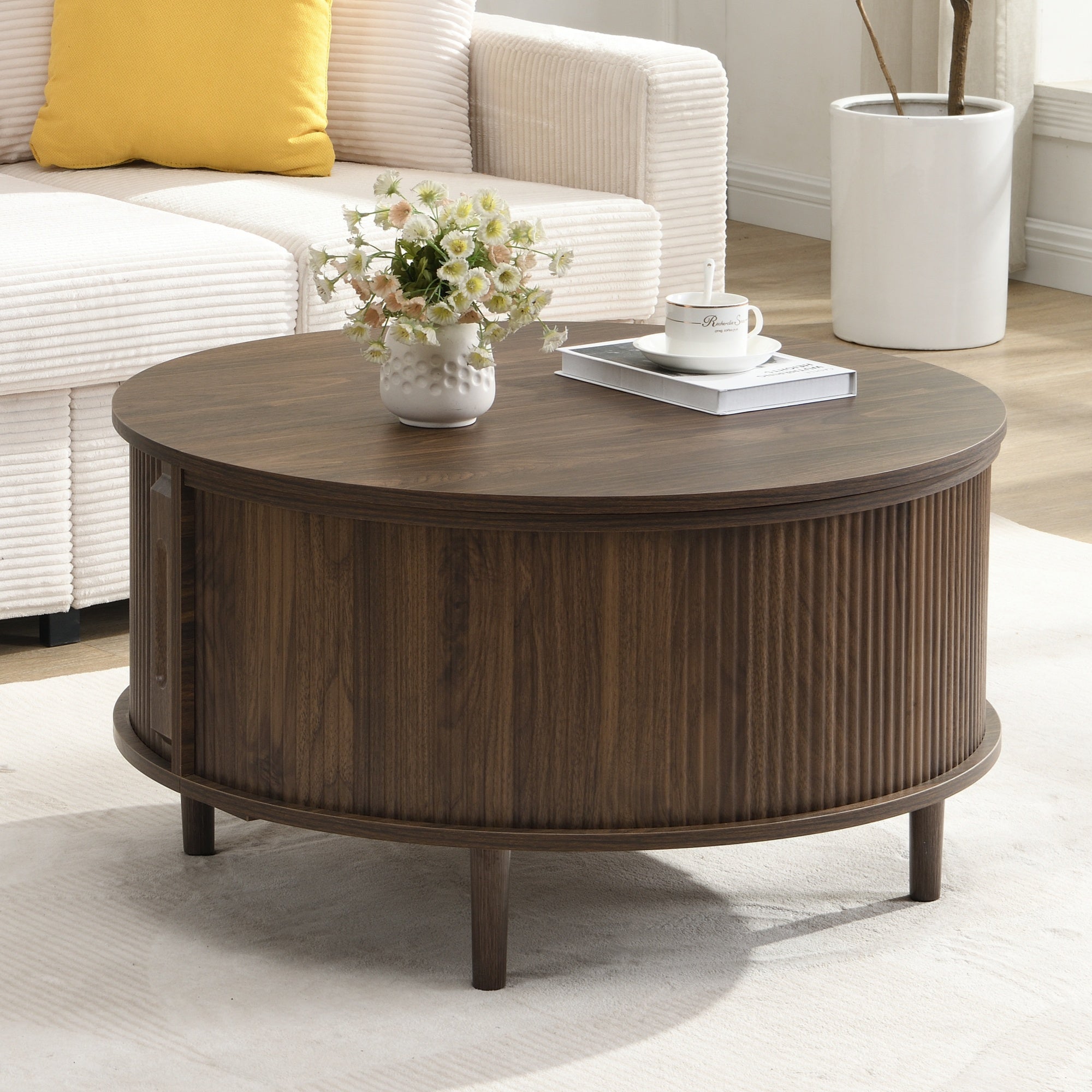 Storage Round Coffee Table, Fluted Center Table with Sliding Cabinet Door for Living Room, Walnut