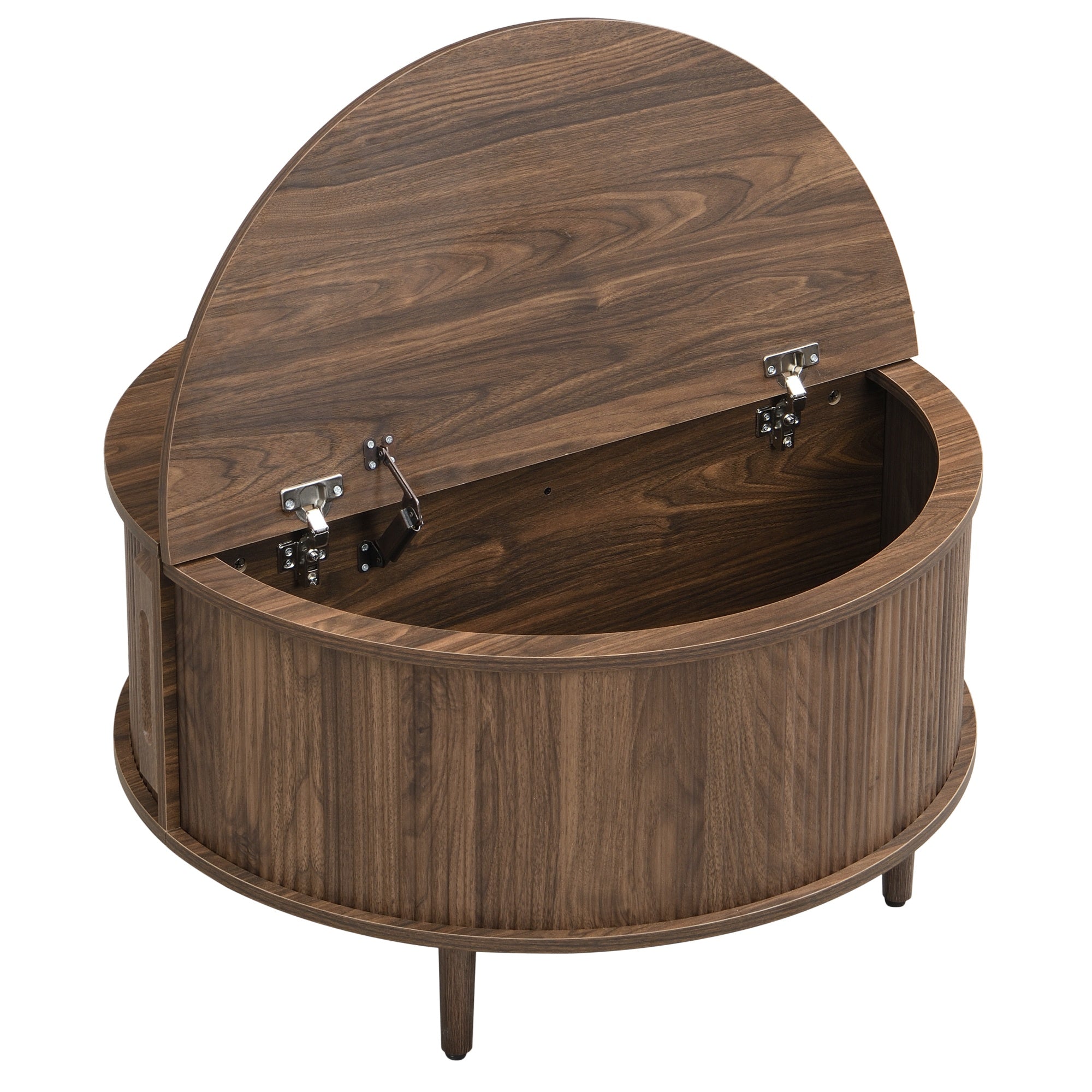 Storage Round Coffee Table, Fluted Center Table with Sliding Cabinet Door for Living Room, Walnut