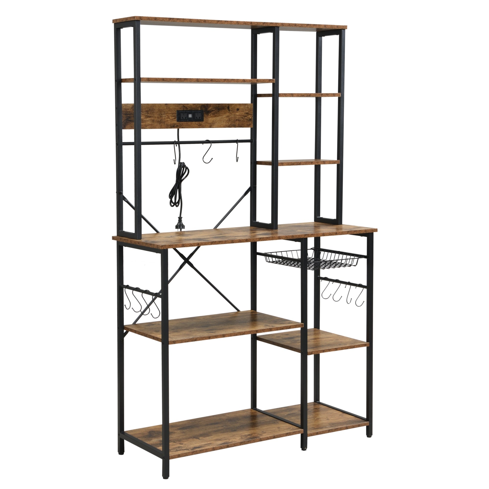 6-Tier Large Bakers Rack with Power Outlets and 12 S-Shaped Hooks, Rustic Brown