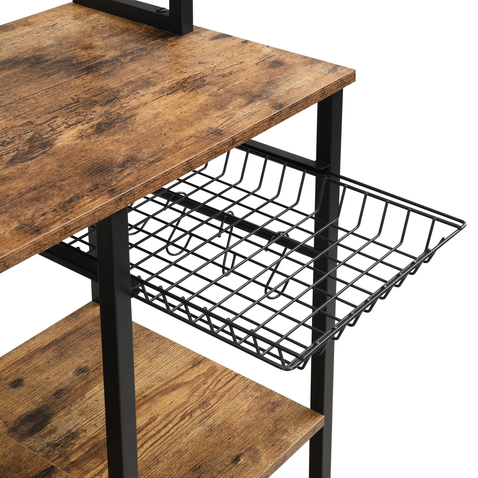 6-Tier Large Bakers Rack with Power Outlets and 12 S-Shaped Hooks, Rustic Brown
