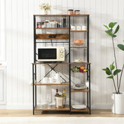 6-Tier Large Bakers Rack with Power Outlets and 12 S-Shaped Hooks, Rustic Brown