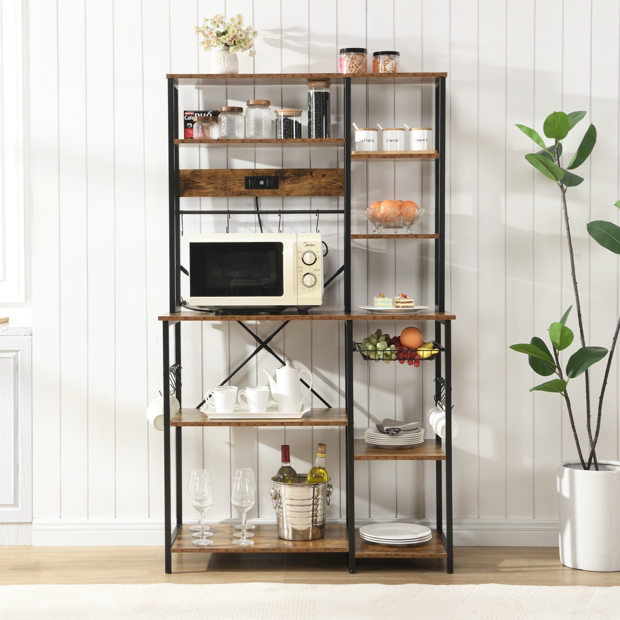6-Tier Large Bakers Rack with Power Outlets and 12 S-Shaped Hooks, Rustic Brown