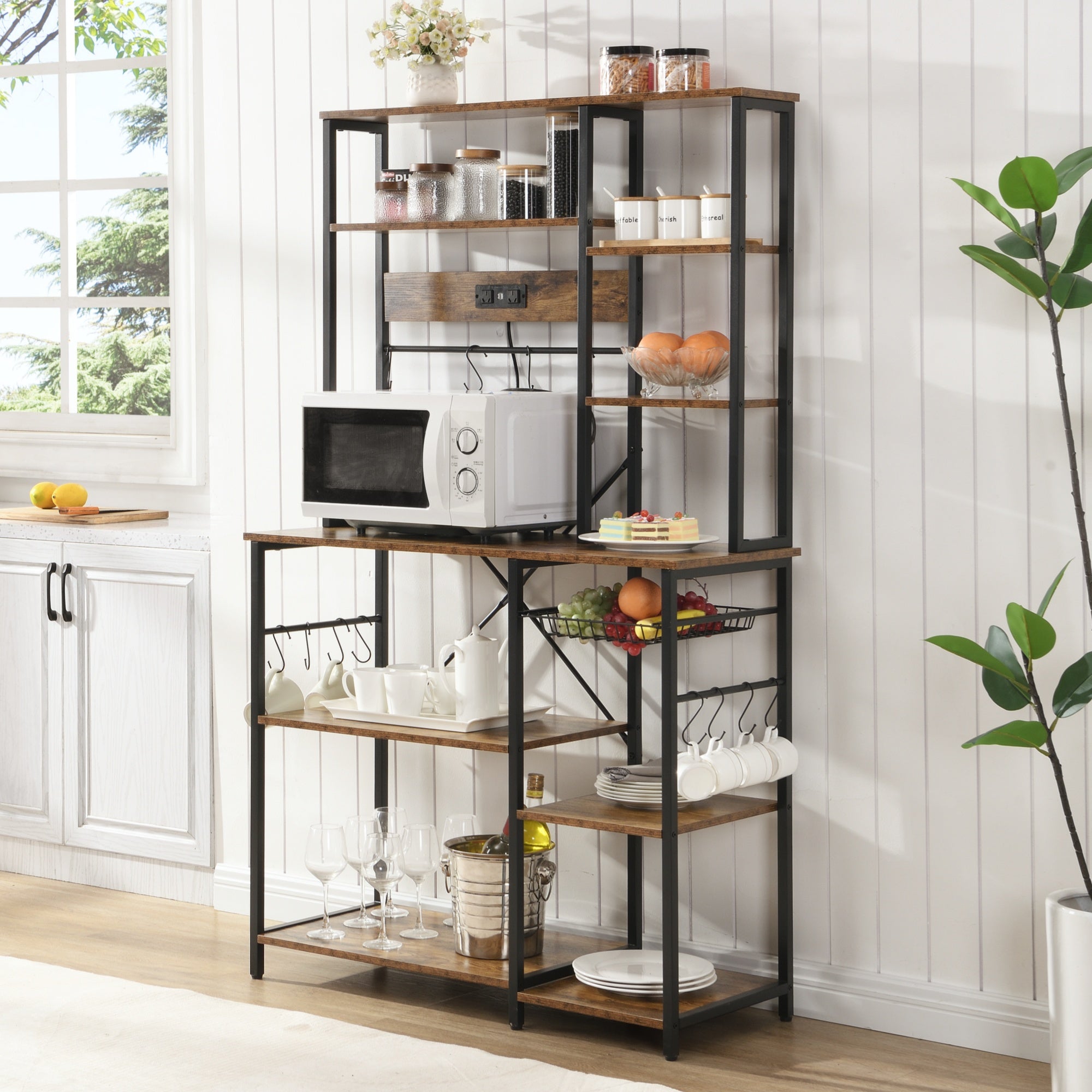 6-Tier Large Bakers Rack with Power Outlets and 12 S-Shaped Hooks, Rustic Brown