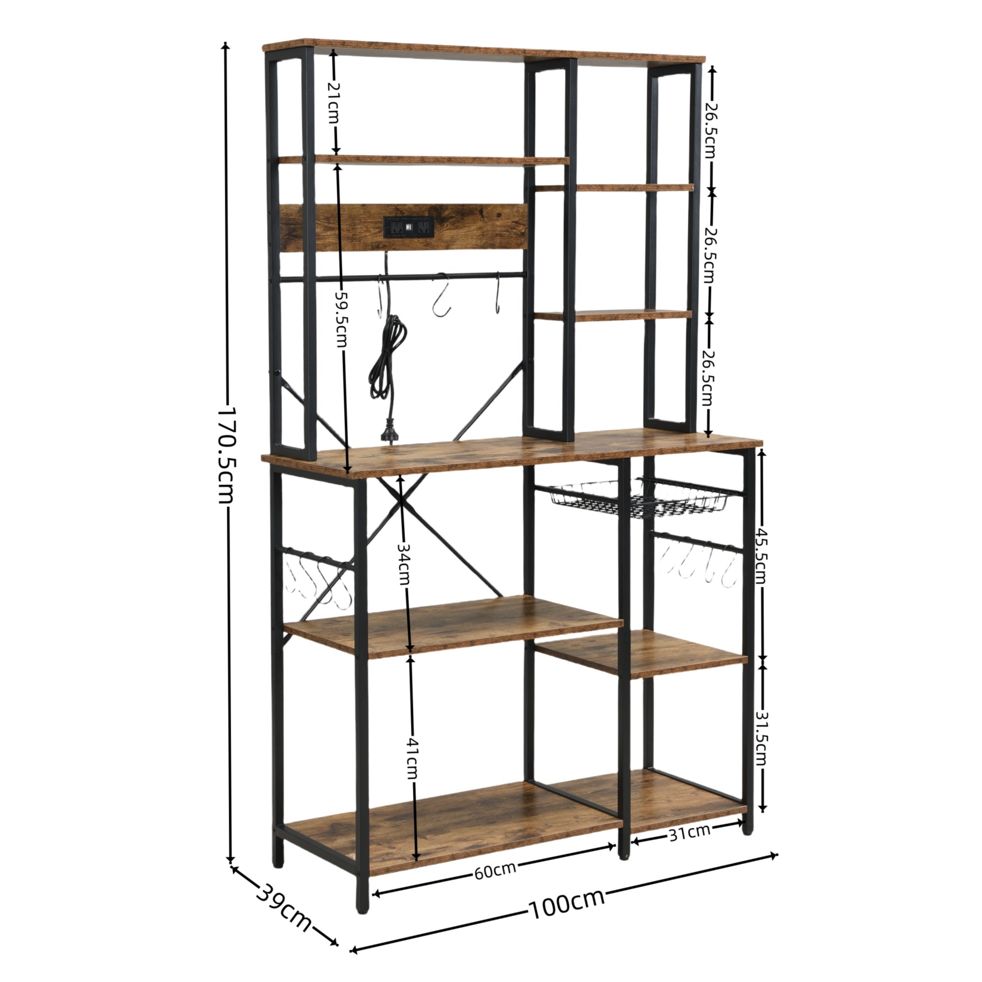 6-Tier Large Bakers Rack with Power Outlets and 12 S-Shaped Hooks, Rustic Brown