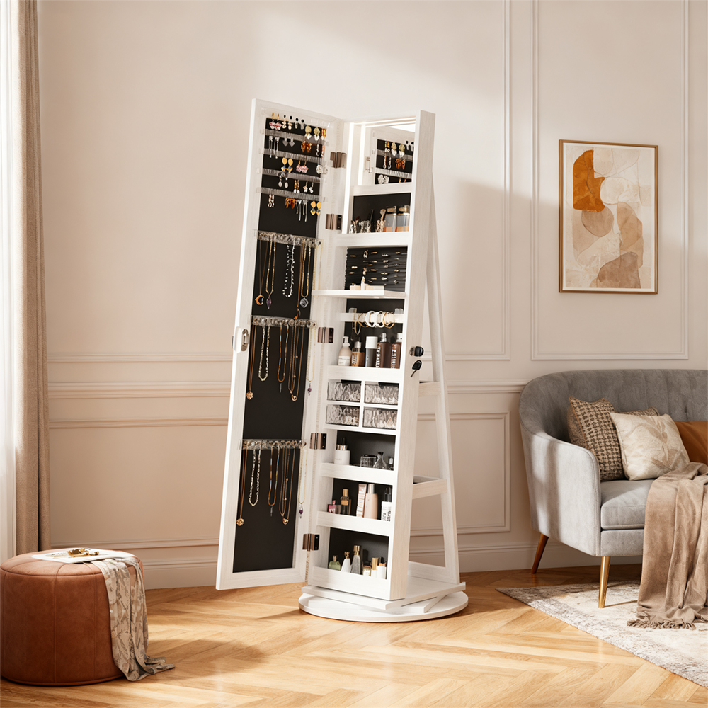 360° Swivel Jewelry Cabinet with Full Length Mirror Lockable Jewelry Storage Cabinet