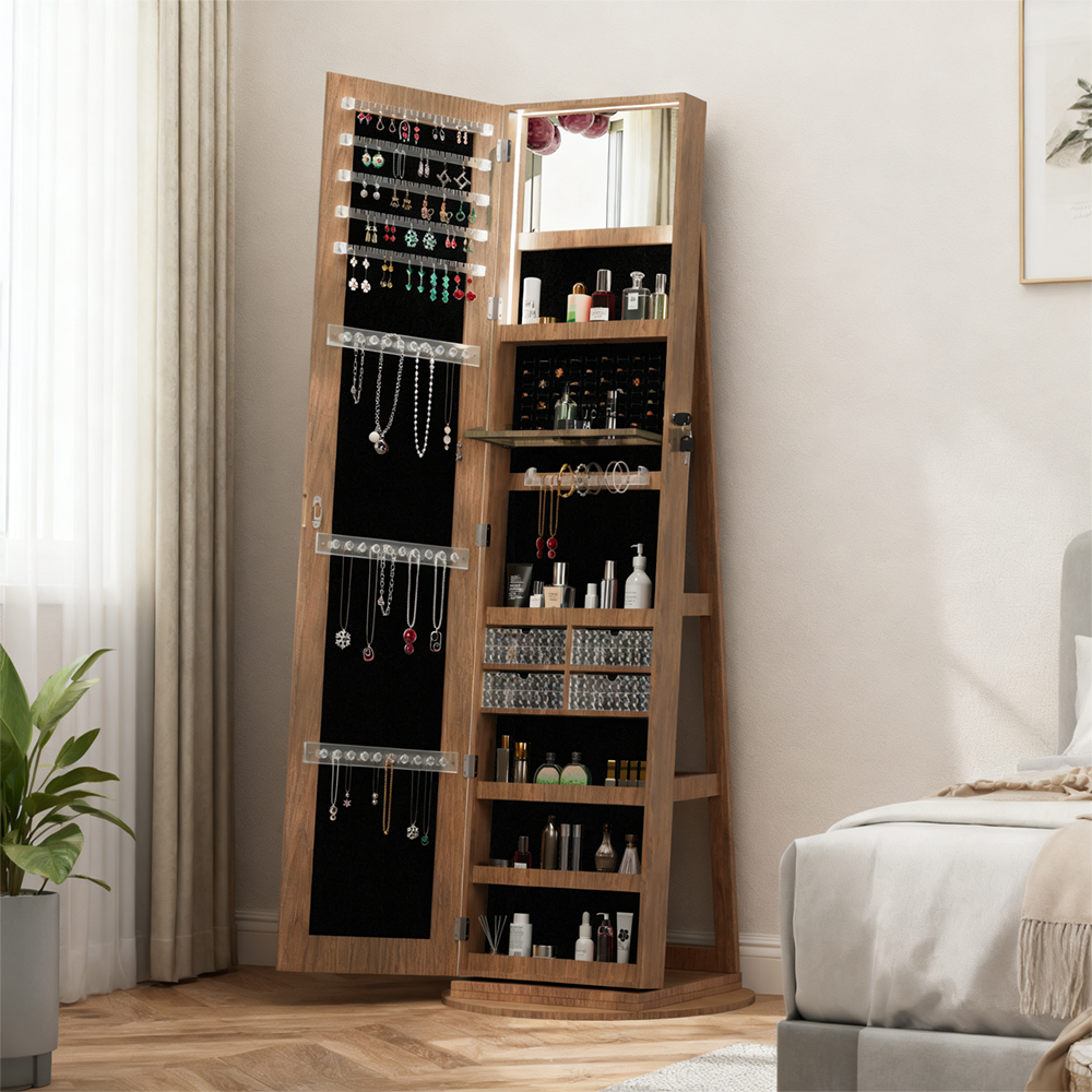 360° Swivel Jewelry Cabinet with Full Length Mirror Lockable Jewelry Storage Cabinet