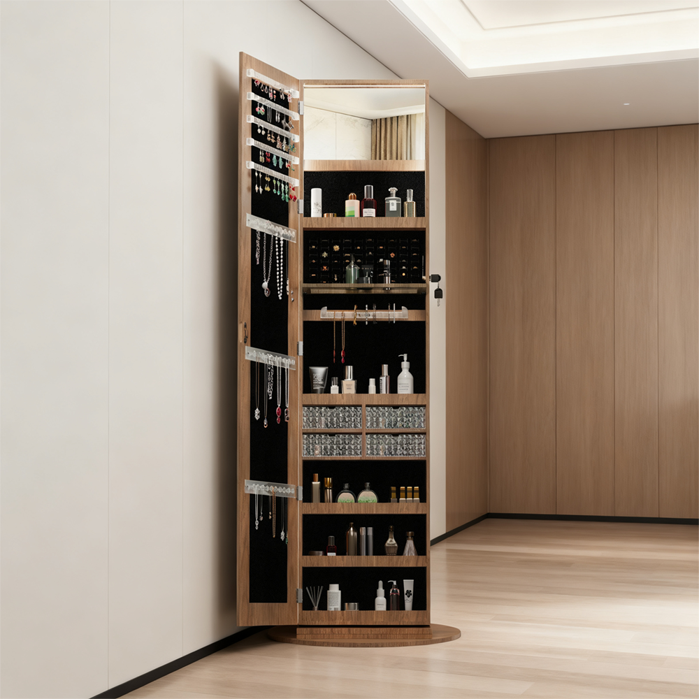 360° Swivel Jewelry Cabinet with Full Length Mirror Lockable Jewelry Storage Cabinet