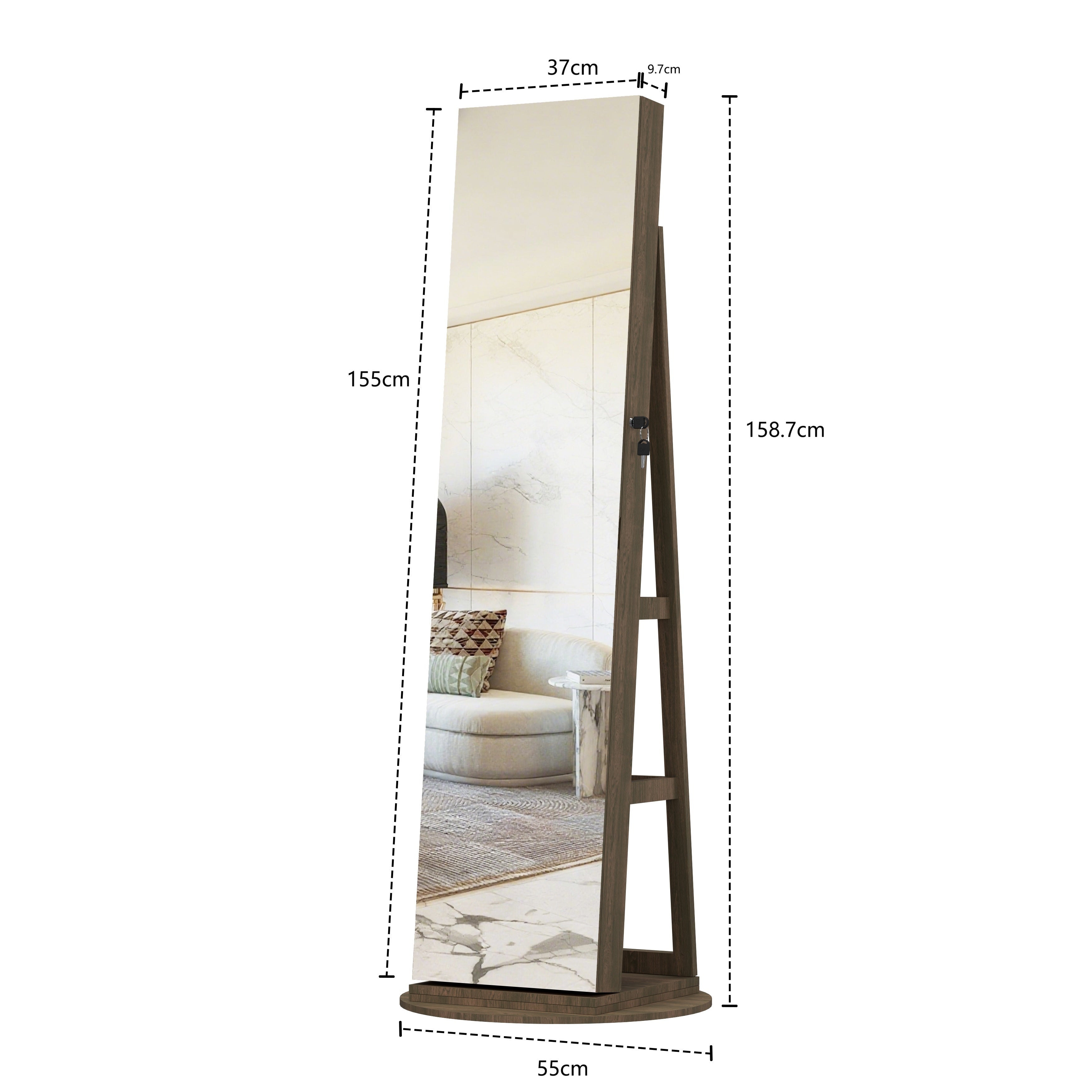 360° Swivel Jewelry Cabinet with Full Length Mirror Lockable Jewelry Storage Cabinet