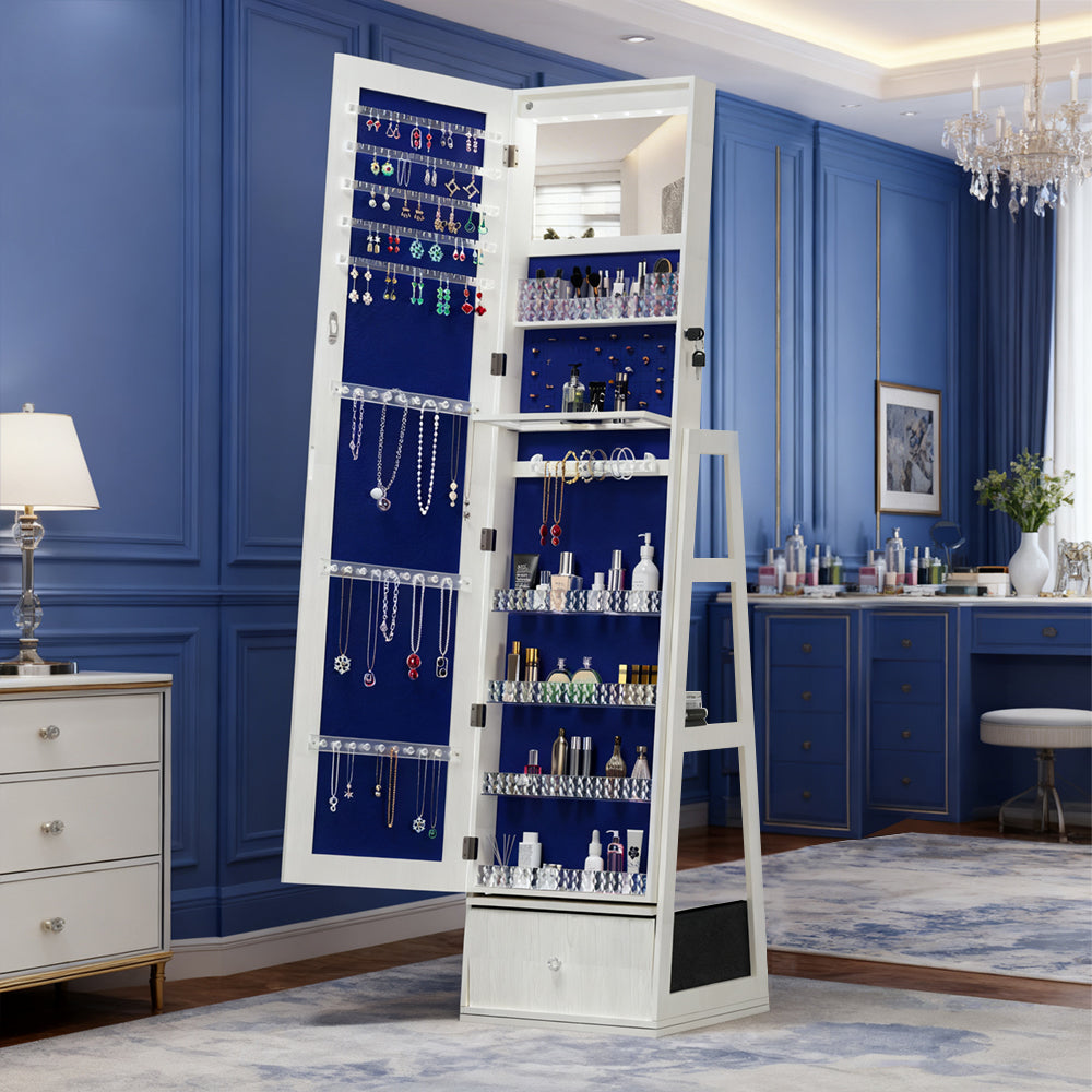 360°Swivel Jewelry Cabinet with Full Length Mirror Lockable Jewelry Storage Cabinet and Drawer