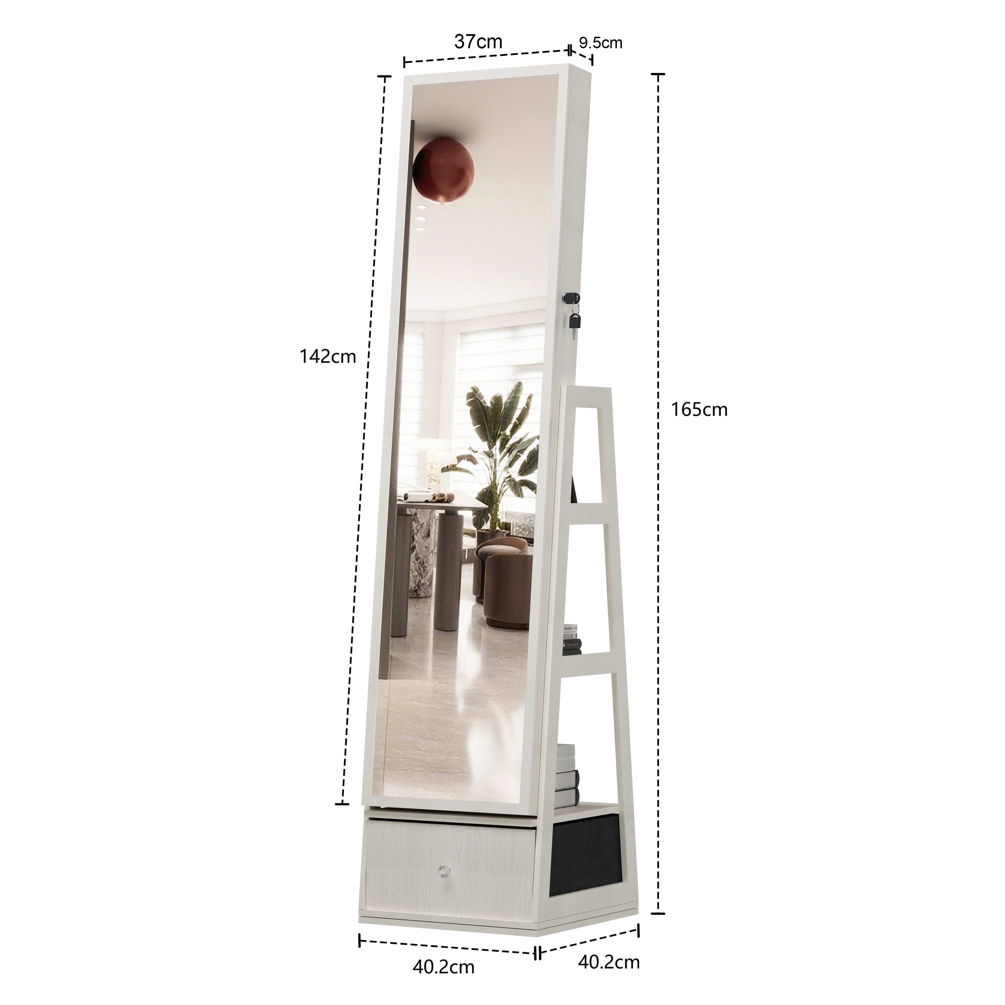 360°Swivel Jewelry Cabinet with Full Length Mirror Lockable Jewelry Storage Cabinet and Drawer