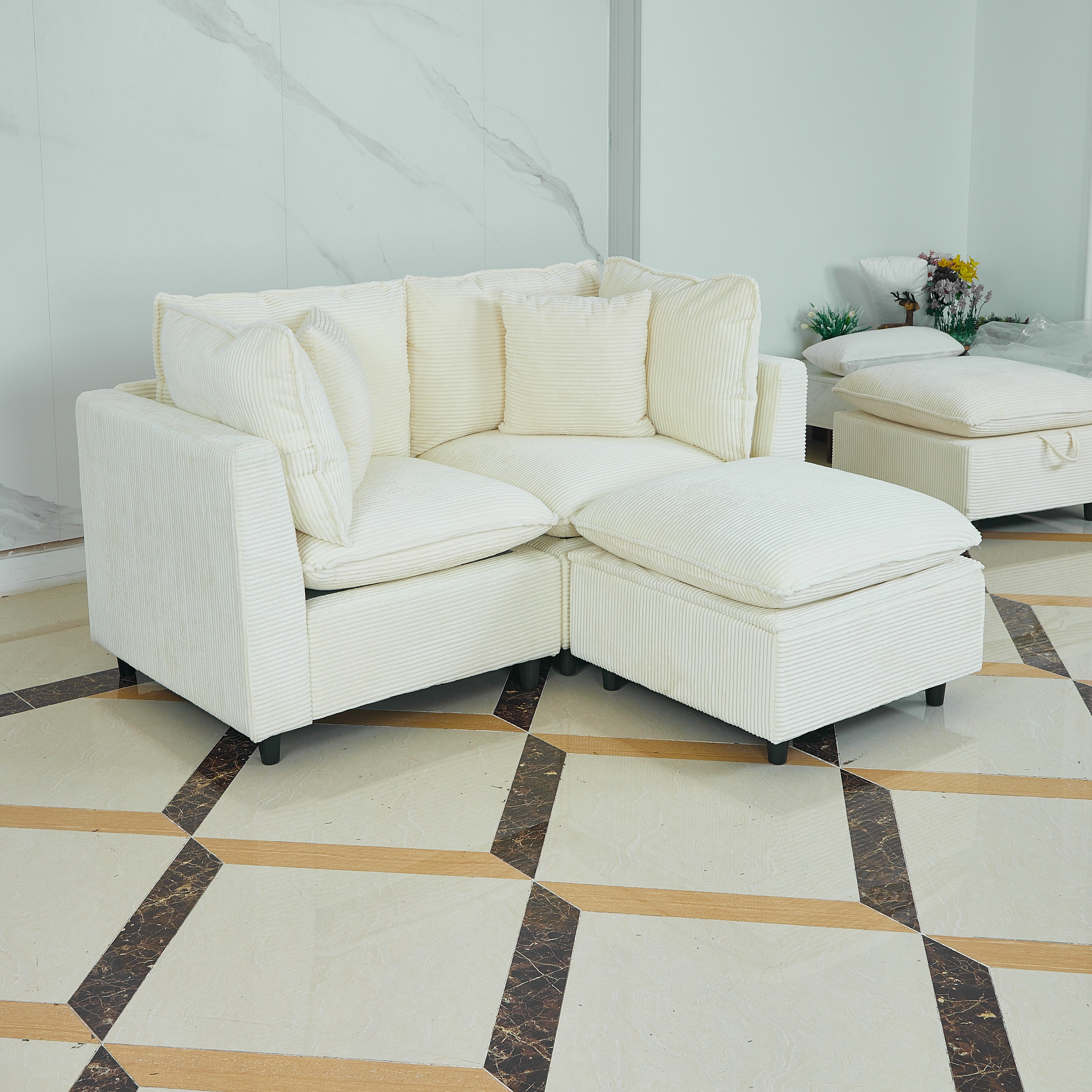 Compact dual seat fabric sofa, saving space and providing comfortable sitting experience