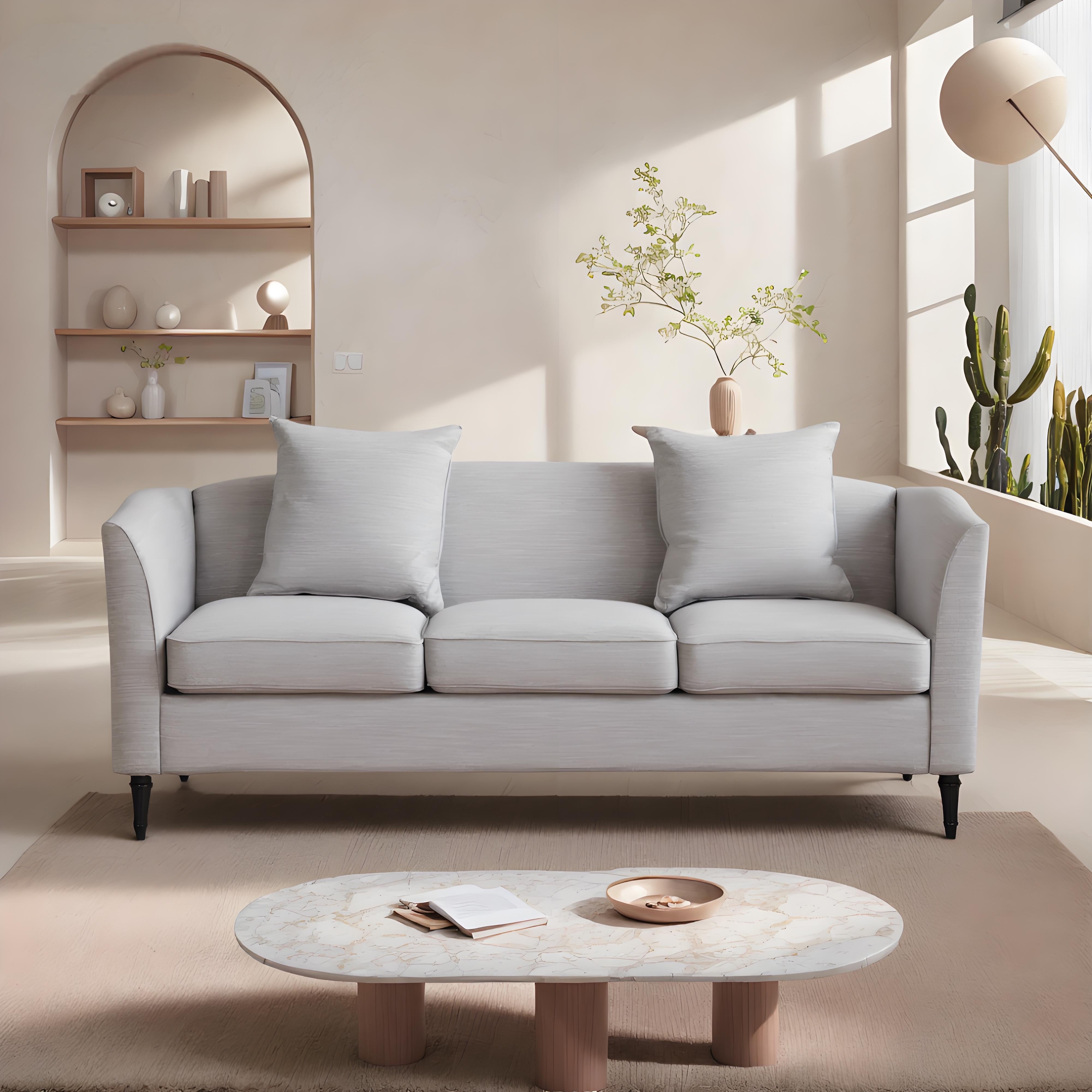 Minimalist Beige Fabric 3-Seater Sofa with 2 Pillows