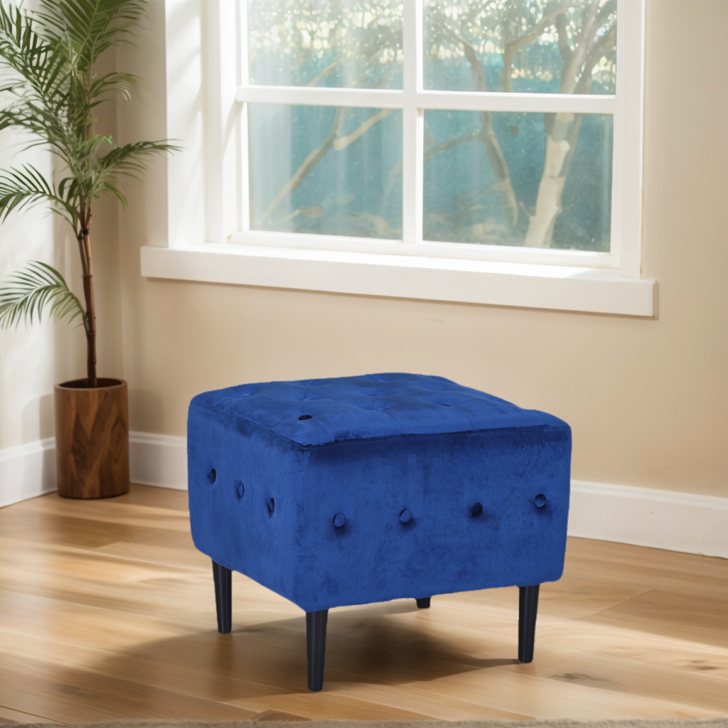 Modern Navy Blue Tufted Chenille Ottoman Footstool