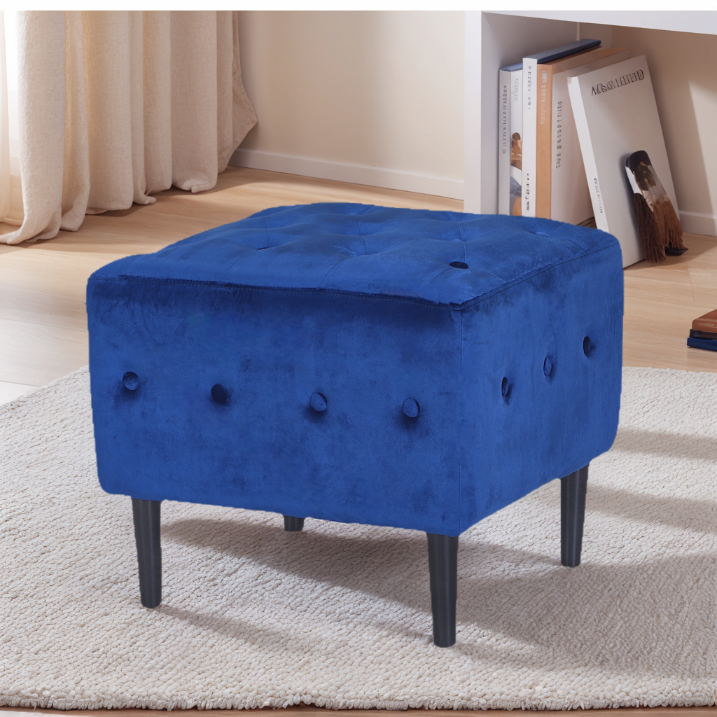 Modern Navy Blue Tufted Chenille Ottoman Footstool
