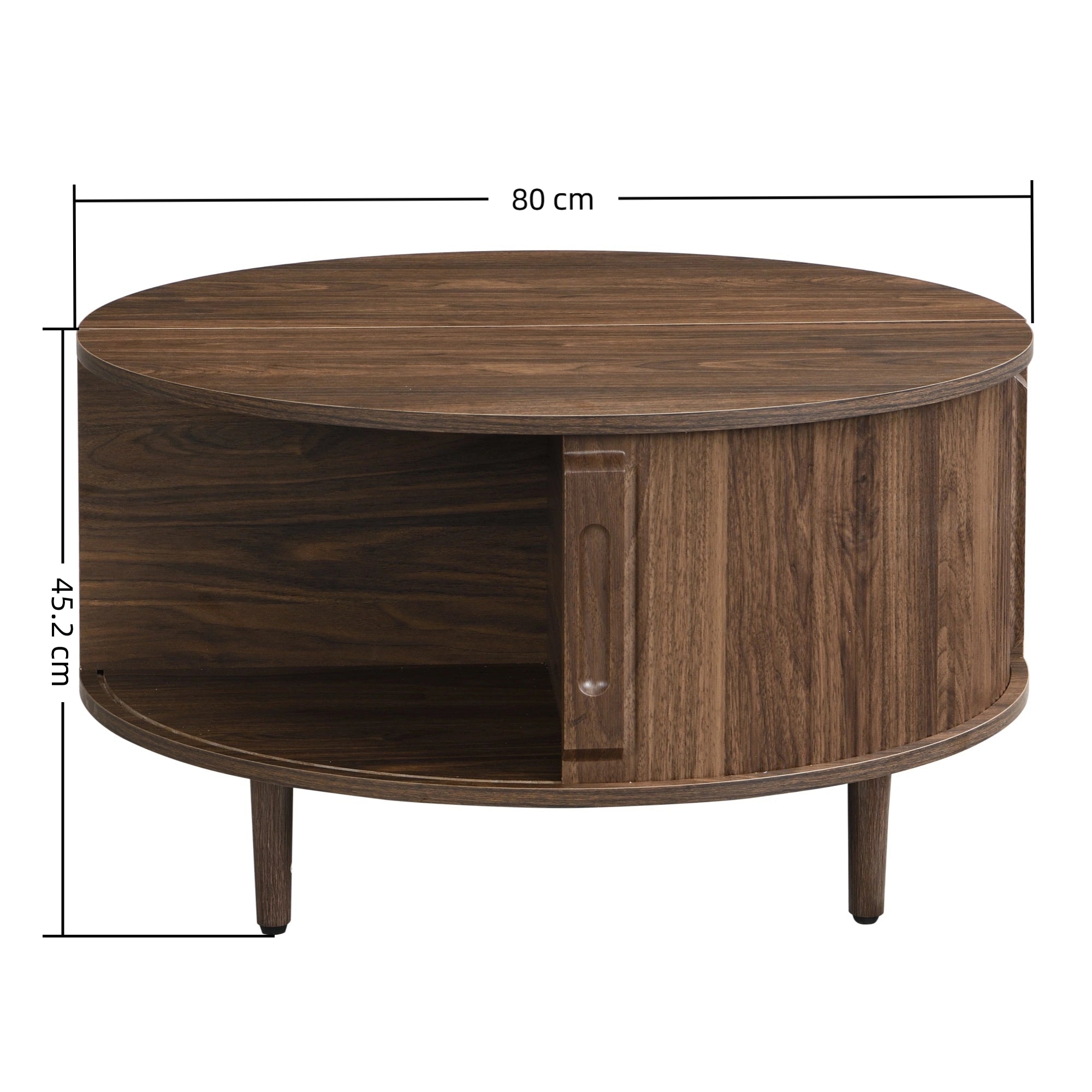 Storage Round Coffee Table, Fluted Center Table with Sliding Cabinet Door for Living Room, Walnut