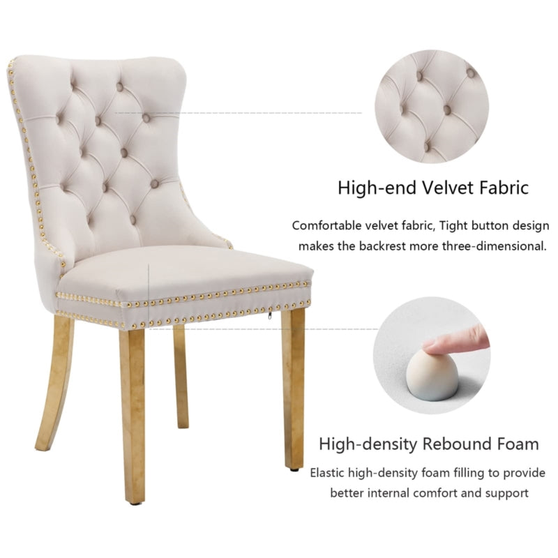AADEN 2x Velvlet Dining chairs with Golden Metal Legs, Rings and Studs- Grey