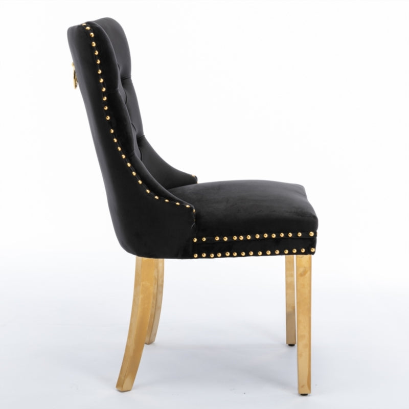 AADEN 2x Velvlet Dining chairs with Golden Metal Legs, Rings and Studs- Grey