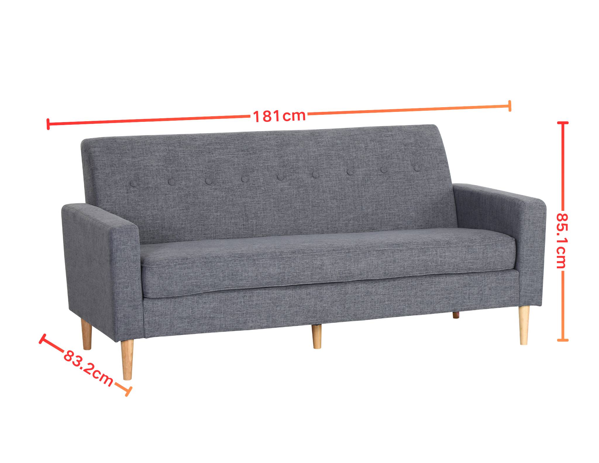 Modern Gray Upholstered Fabric 3-Seater Sofa with Wooden Legs