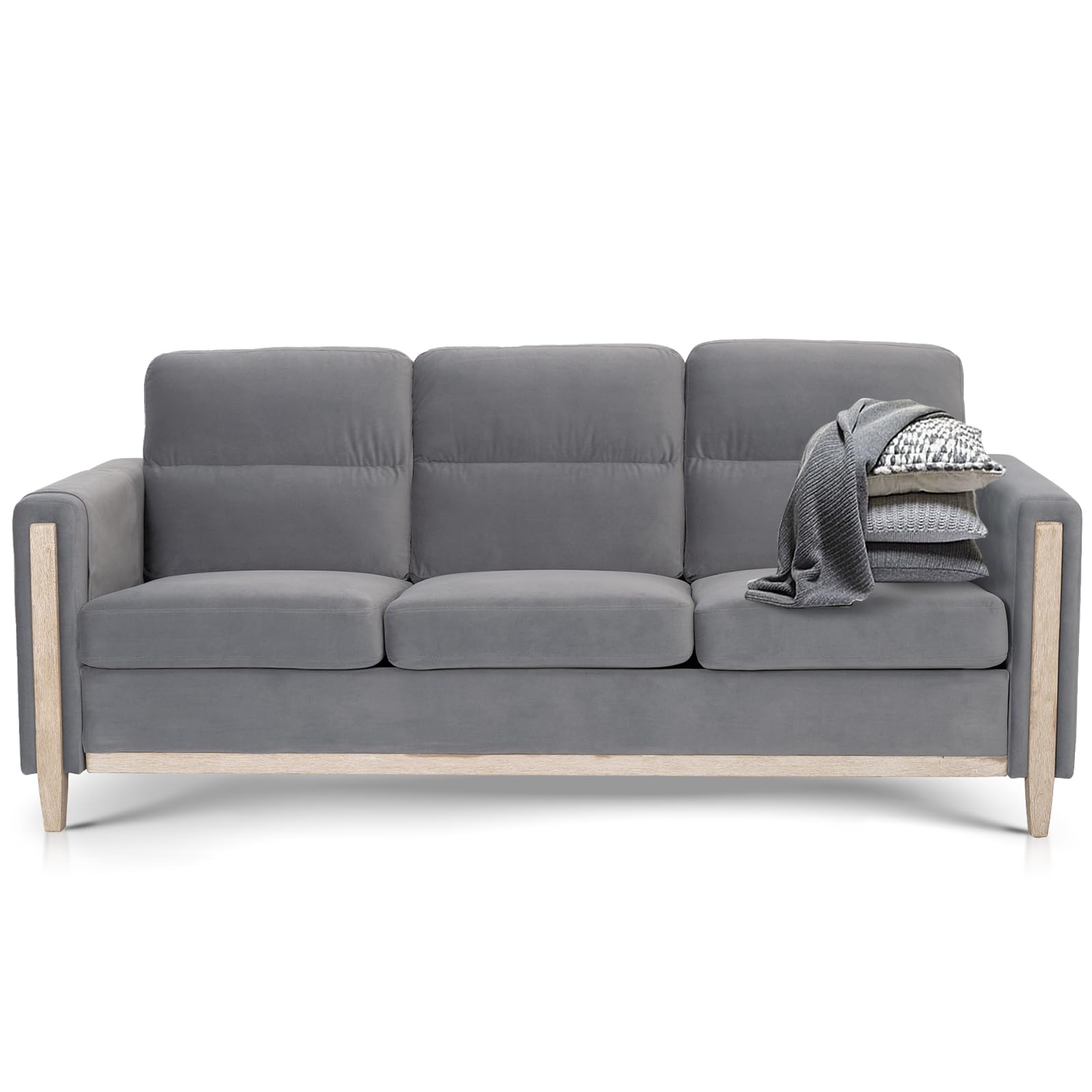 Modern Beige/Grey Comfortable 3-Seater Fabric Upholstered Sofa with Solid Wood Frame for Living Room