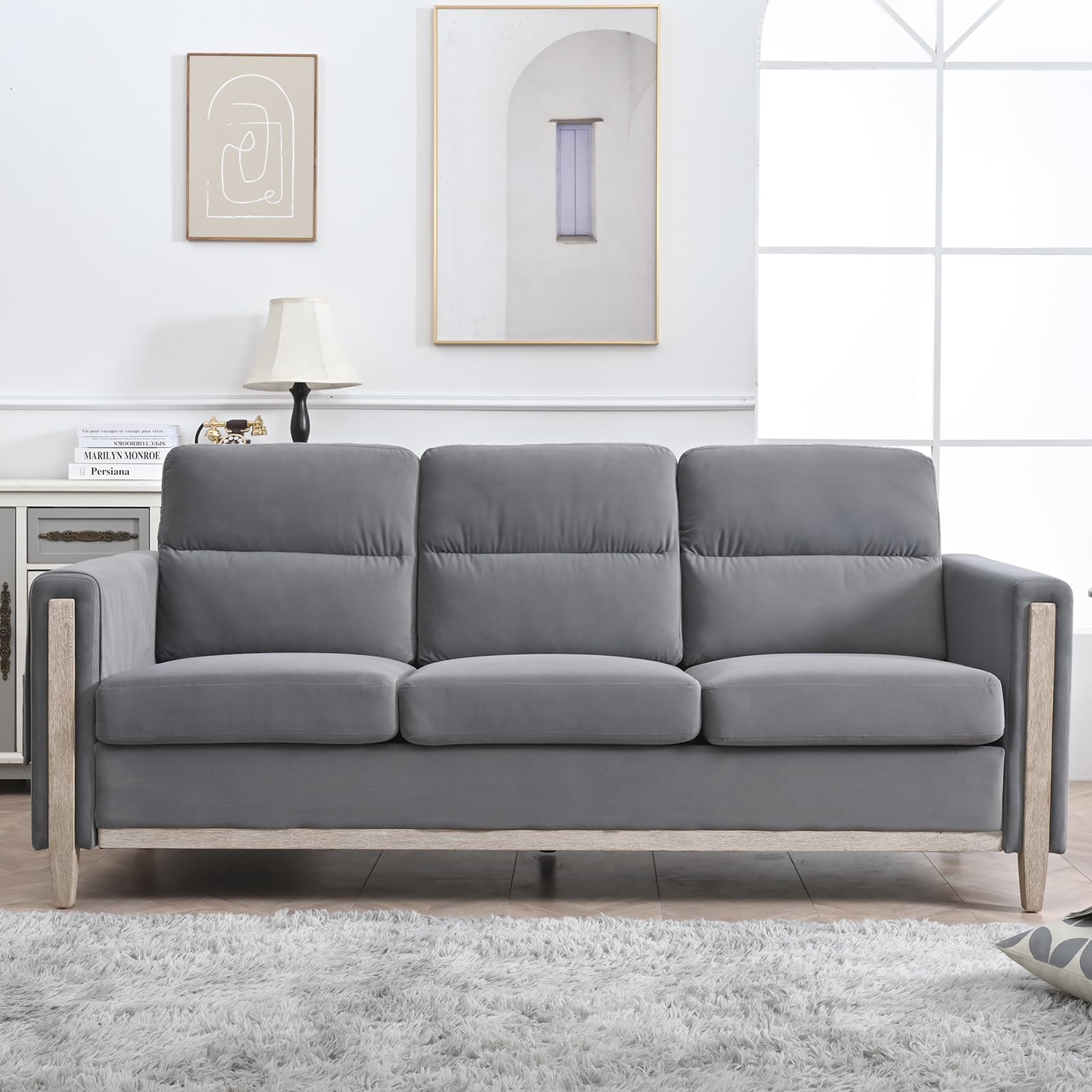 Modern Beige/Grey Comfortable 3-Seater Fabric Upholstered Sofa with Solid Wood Frame for Living Room