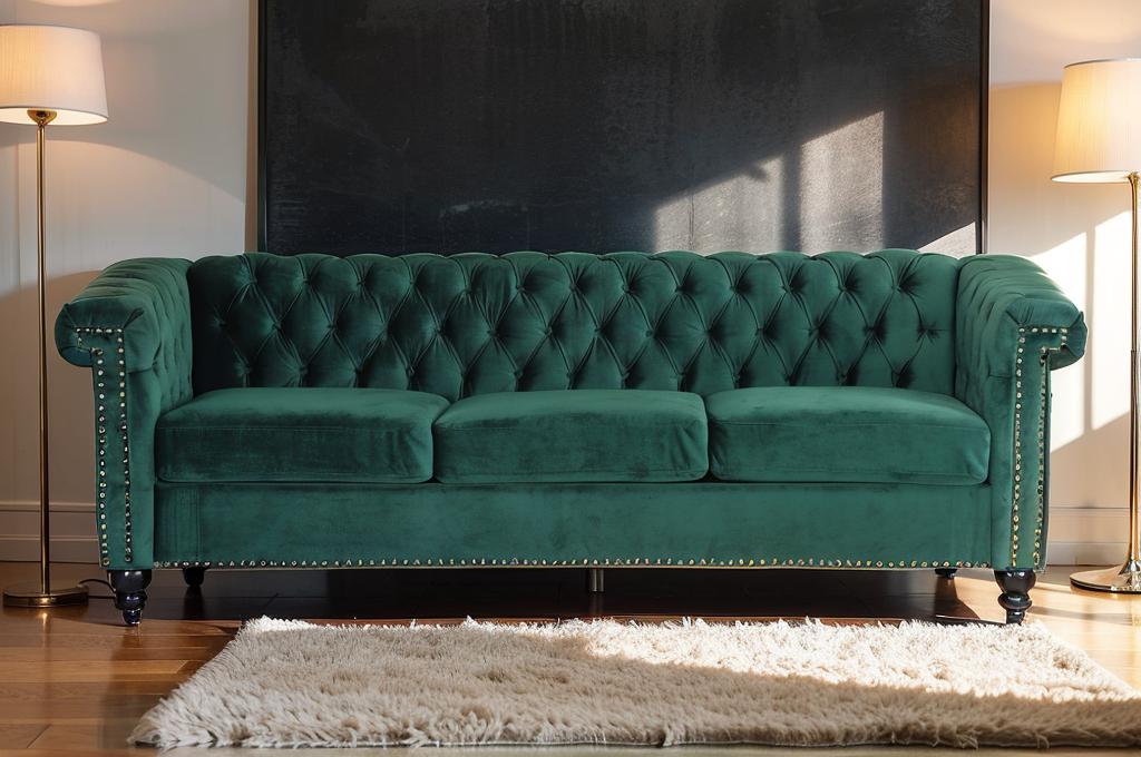Chesterfield White PU Leather/Emerald Green Velvet Button-Tufted 3-Seater Sofa