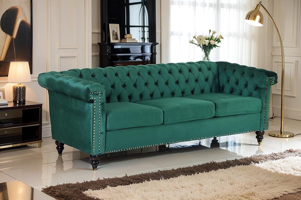 Chesterfield White PU Leather/Emerald Green Velvet Button-Tufted 3-Seater Sofa
