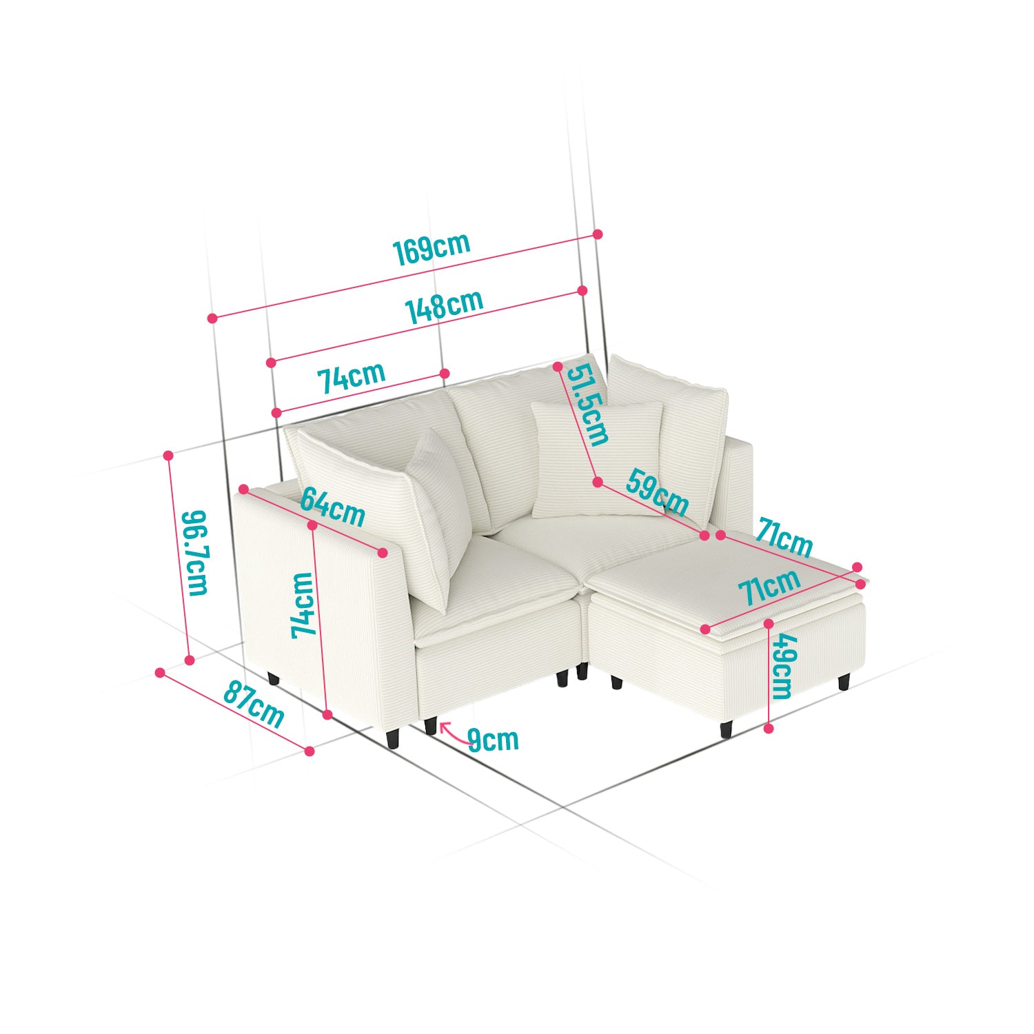 Compact dual seat fabric sofa, saving space and providing comfortable sitting experience