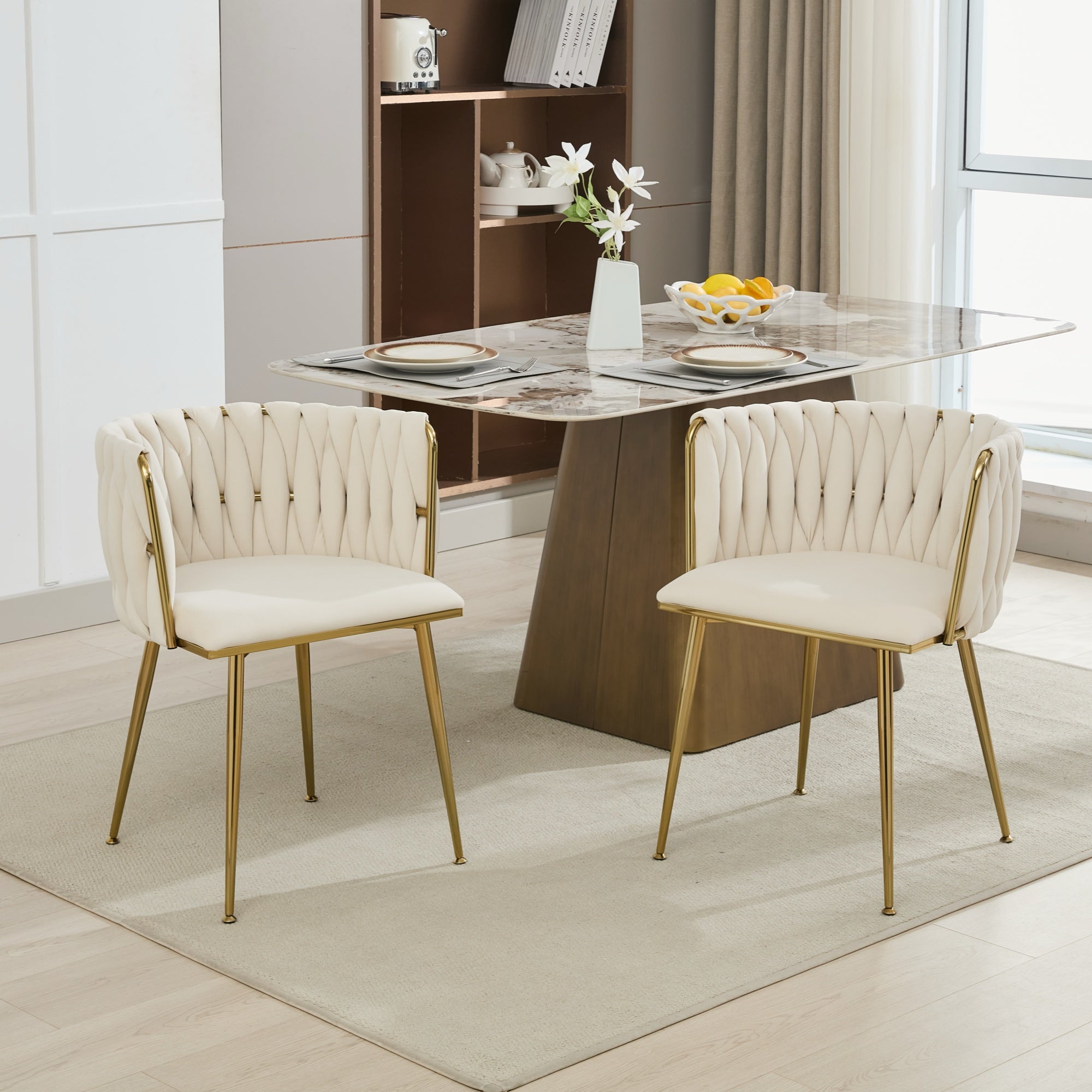 Velvet Dining Chairs Set of 2, Woven Upholstered Dining Chairs with Gold Metal Legs, Modern Accent Chairs for Living Room, Dining Room, Kitchen