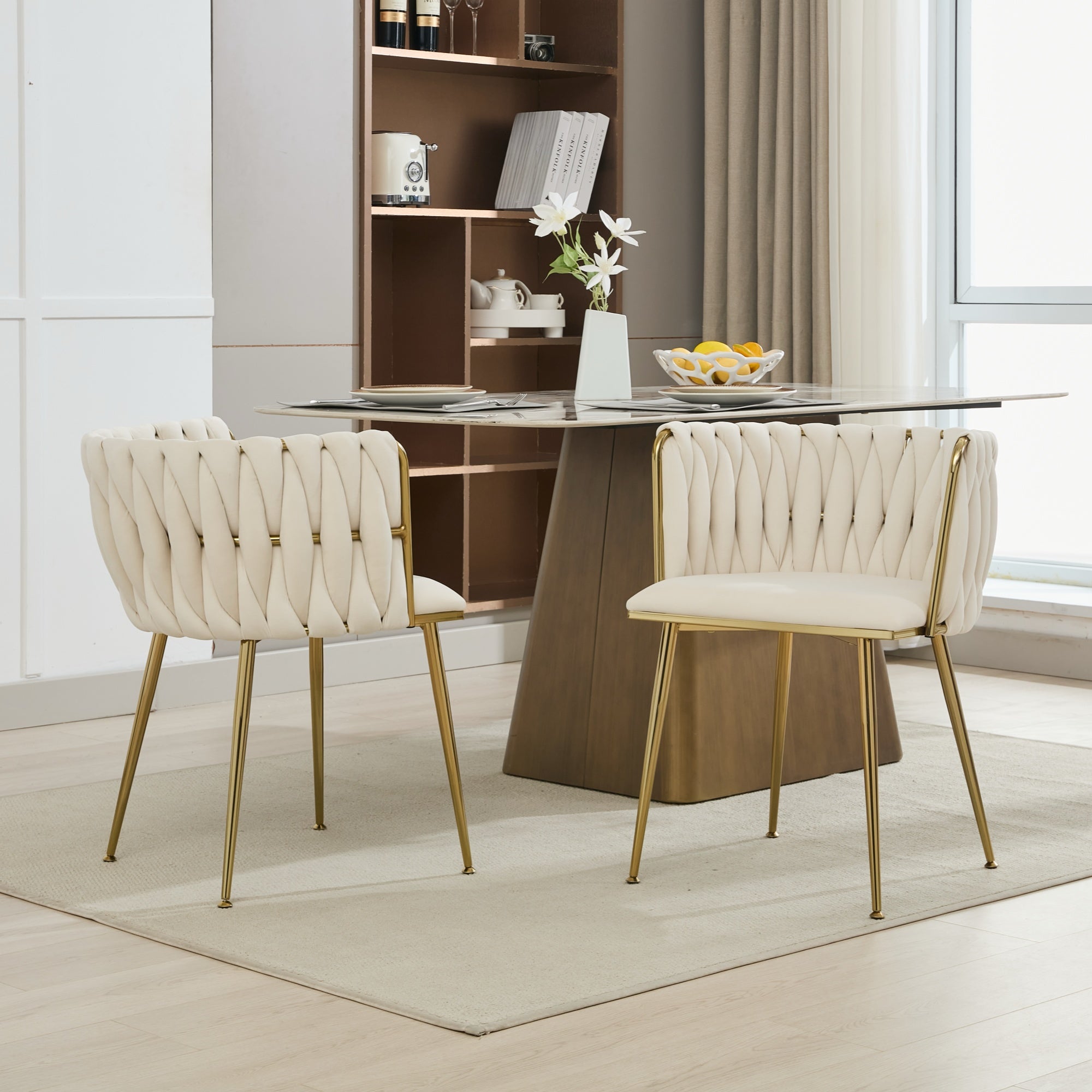 Velvet Dining Chairs Set of 2, Woven Upholstered Dining Chairs with Gold Metal Legs, Modern Accent Chairs for Living Room, Dining Room, Kitchen