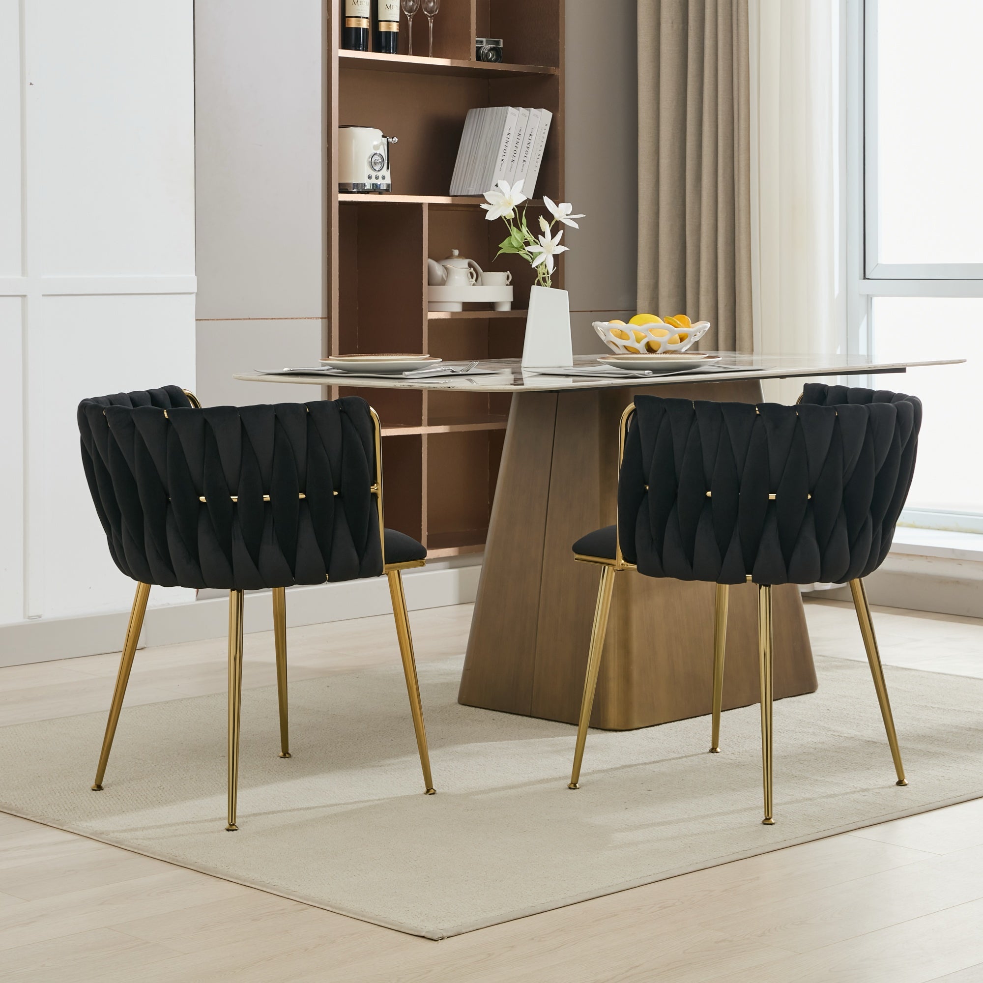 Velvet Dining Chairs Set of 2, Woven Upholstered Dining Chairs with Gold Metal Legs, Modern Accent Chairs for Living Room, Dining Room, Kitchen
