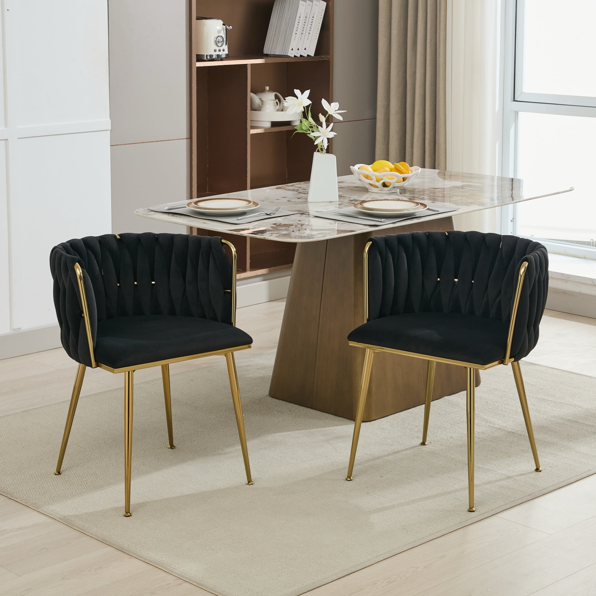 Velvet Dining Chairs Set of 2, Woven Upholstered Dining Chairs with Gold Metal Legs, Modern Accent Chairs for Living Room, Dining Room, Kitchen