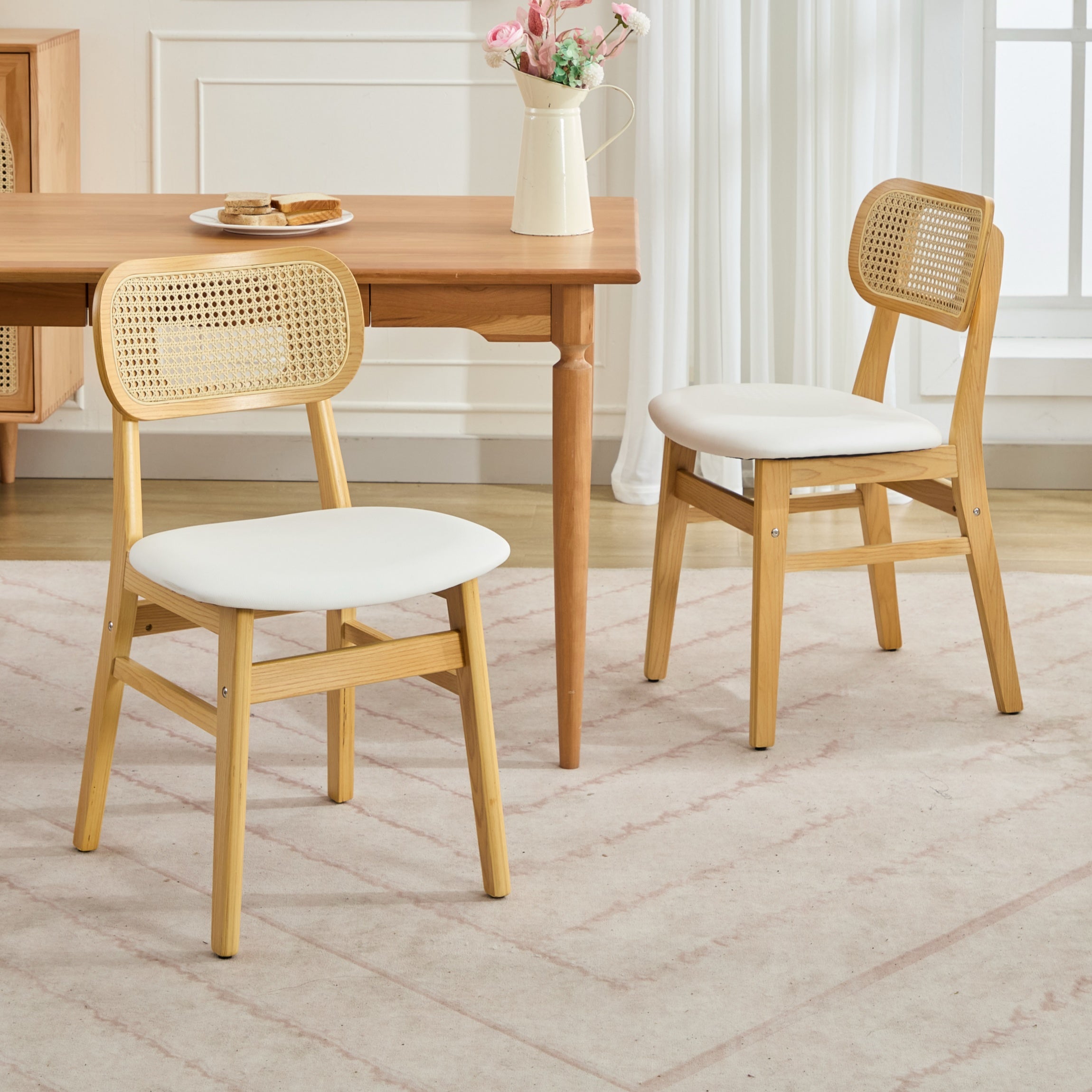 Modern Rattan Dining Chairs Set of 2, Wooden Kitchen Chairs with Cane Back for Kitchen, Dining Room, Restaurant