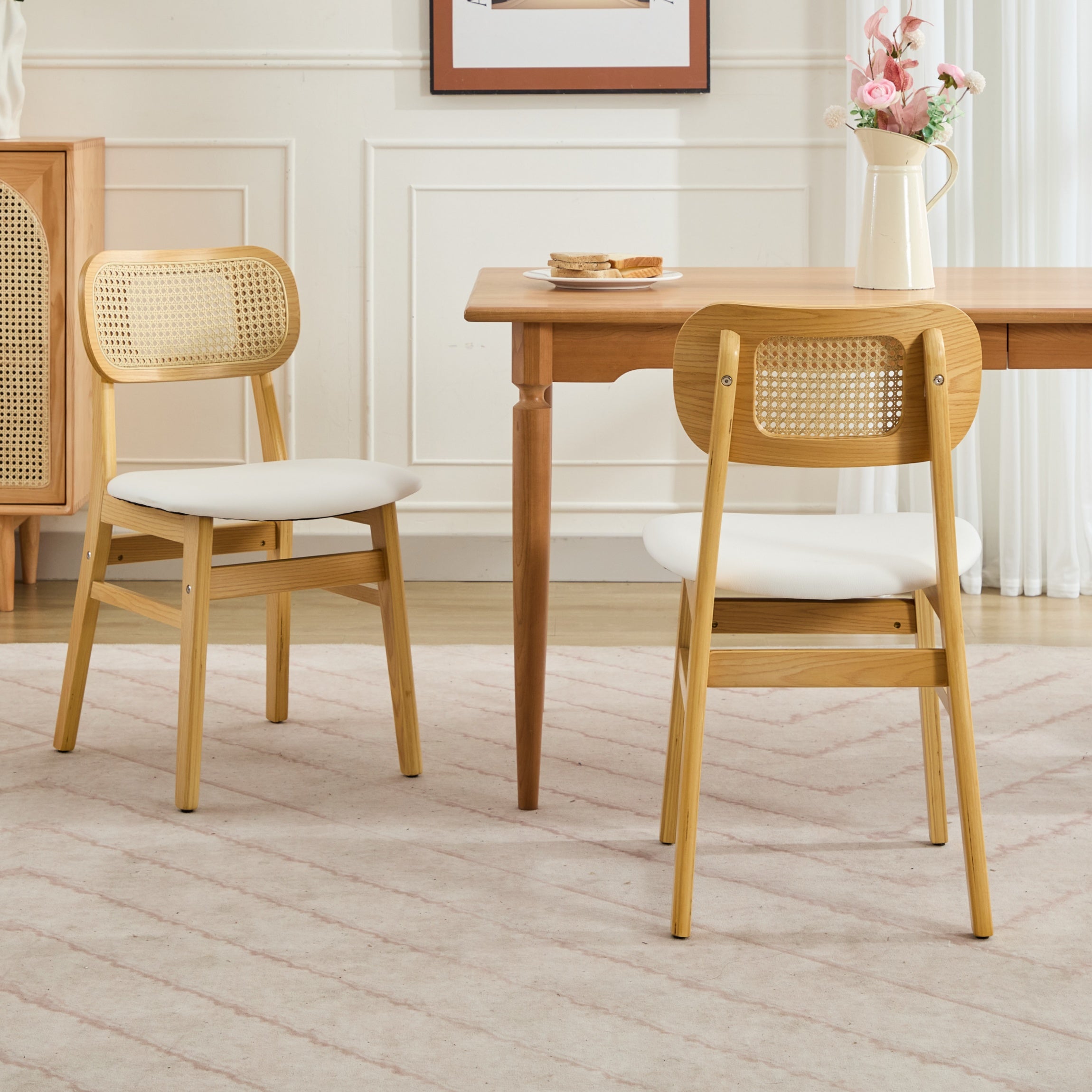 Modern Rattan Dining Chairs Set of 2, Wooden Kitchen Chairs with Cane Back for Kitchen, Dining Room, Restaurant