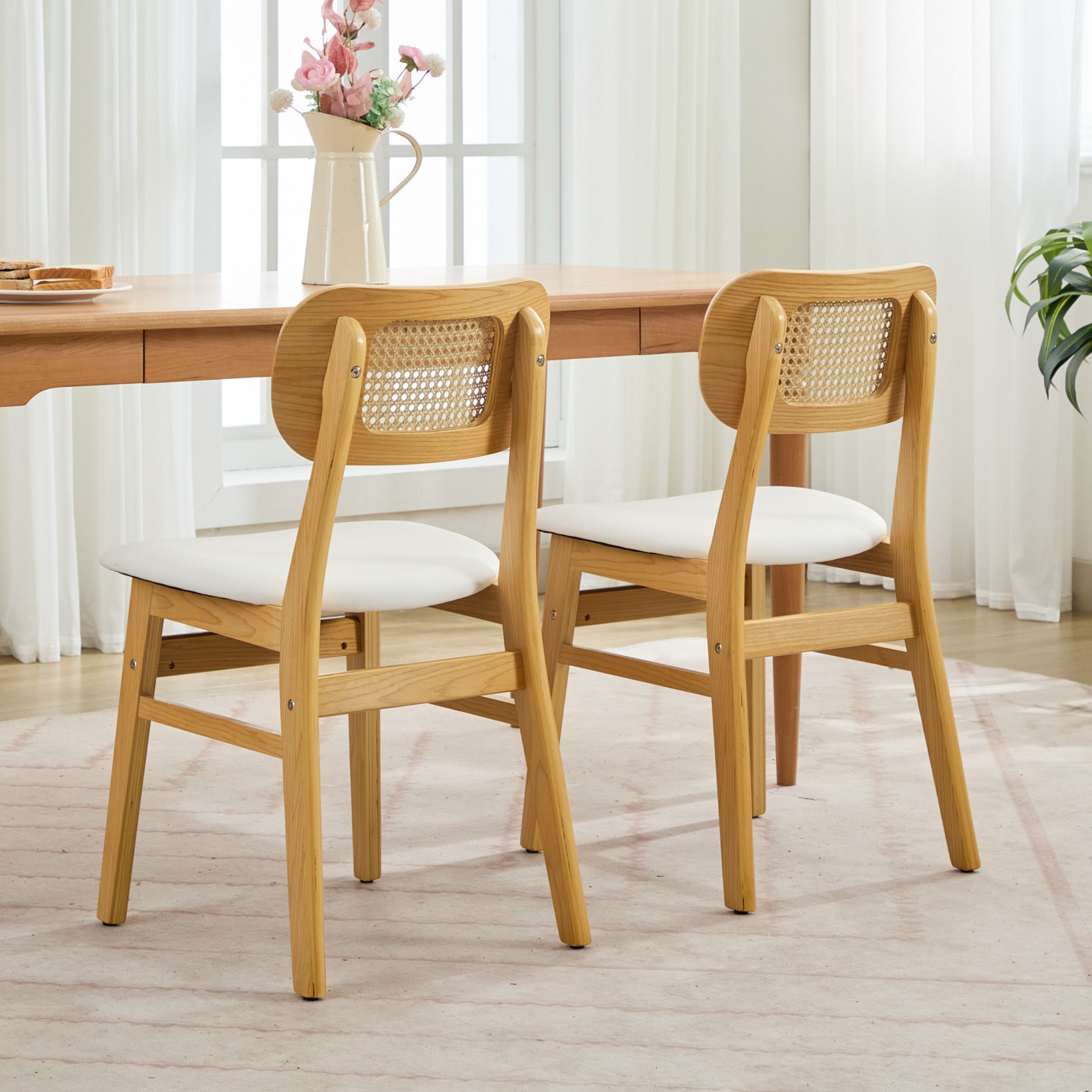 Modern Rattan Dining Chairs Set of 2, Wooden Kitchen Chairs with Cane Back for Kitchen, Dining Room, Restaurant