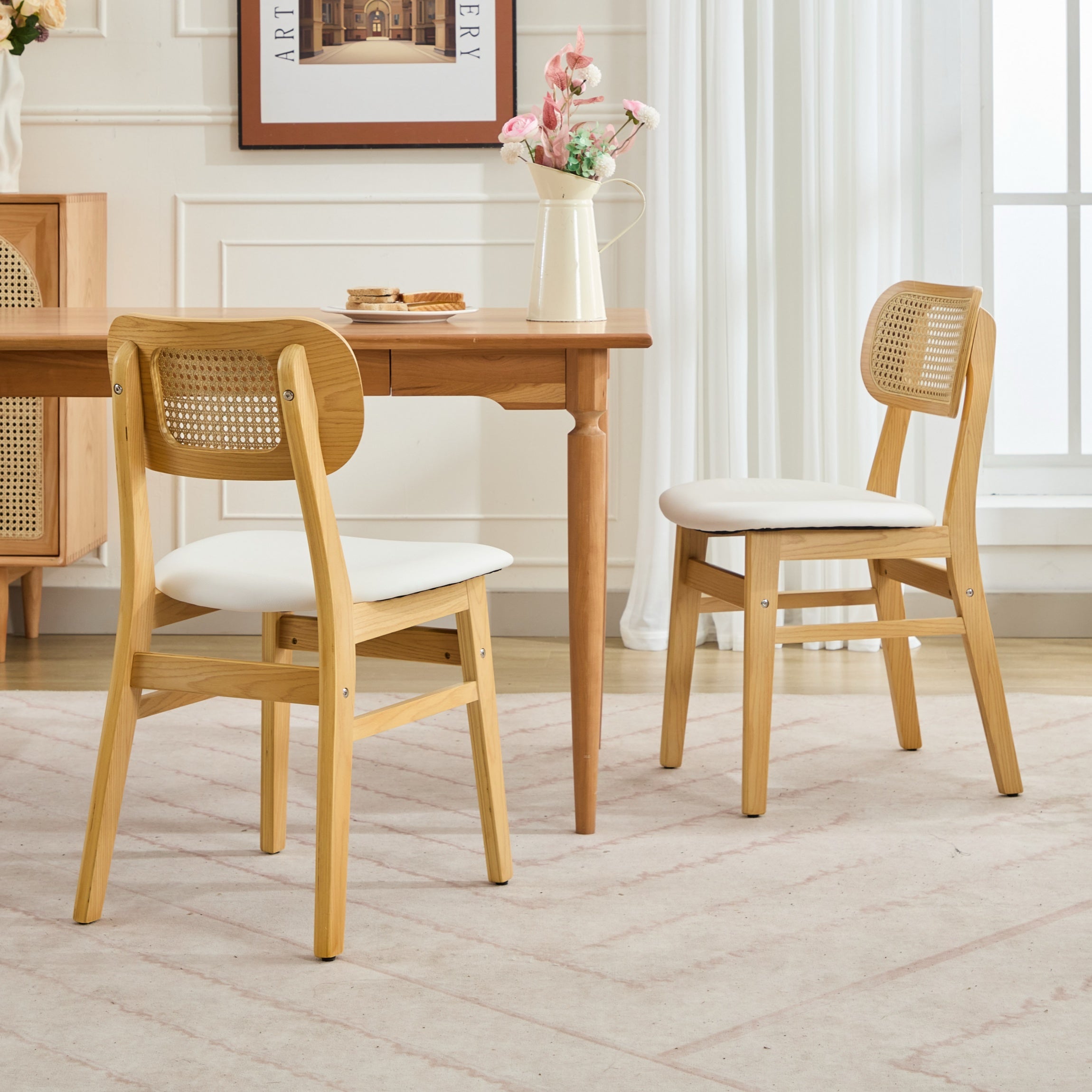 Modern Rattan Dining Chairs Set of 2, Wooden Kitchen Chairs with Cane Back for Kitchen, Dining Room, Restaurant