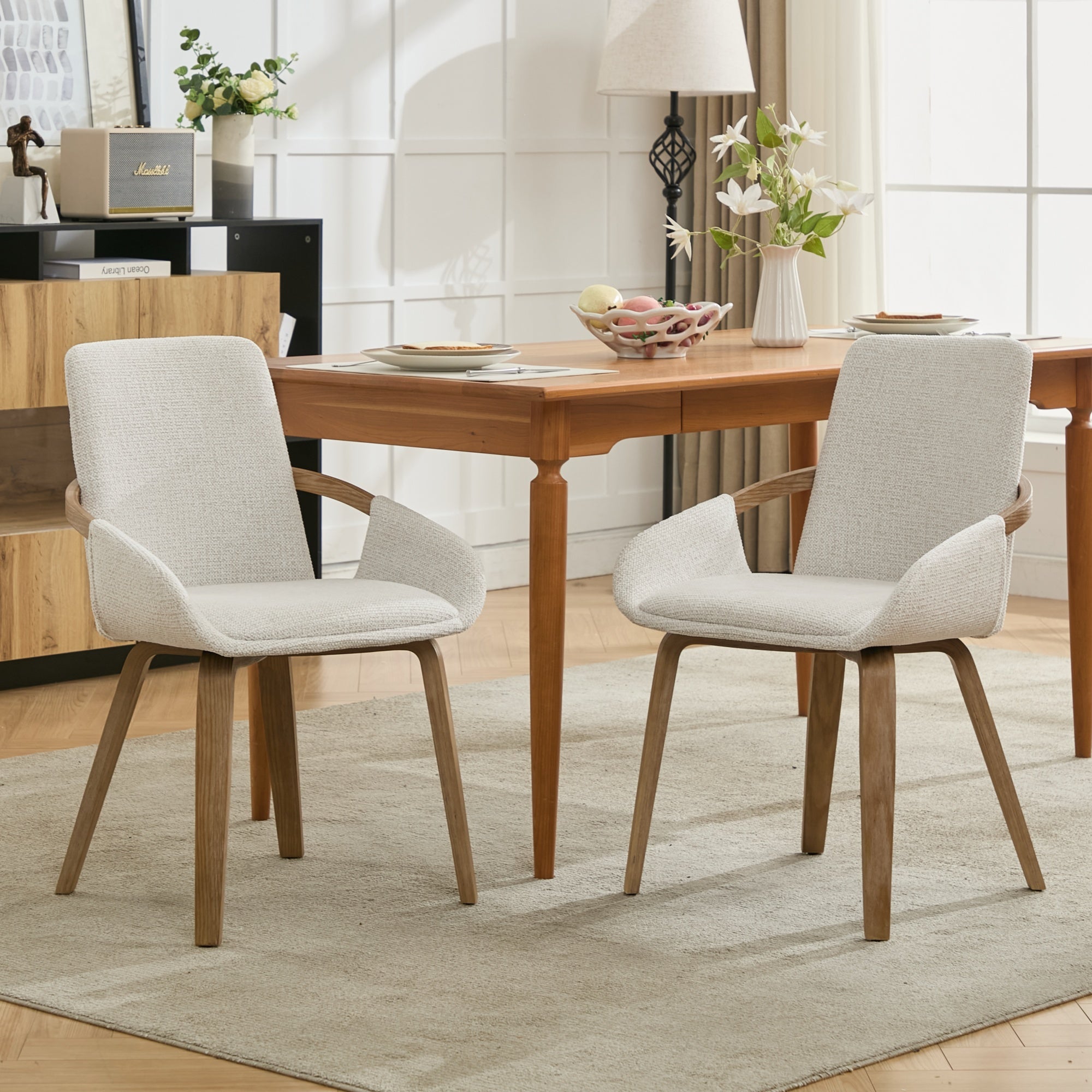 Upholstery Dining Chairs Set of 2, Mid Century Bentwood Kitchen Chairs with Arms, Beige