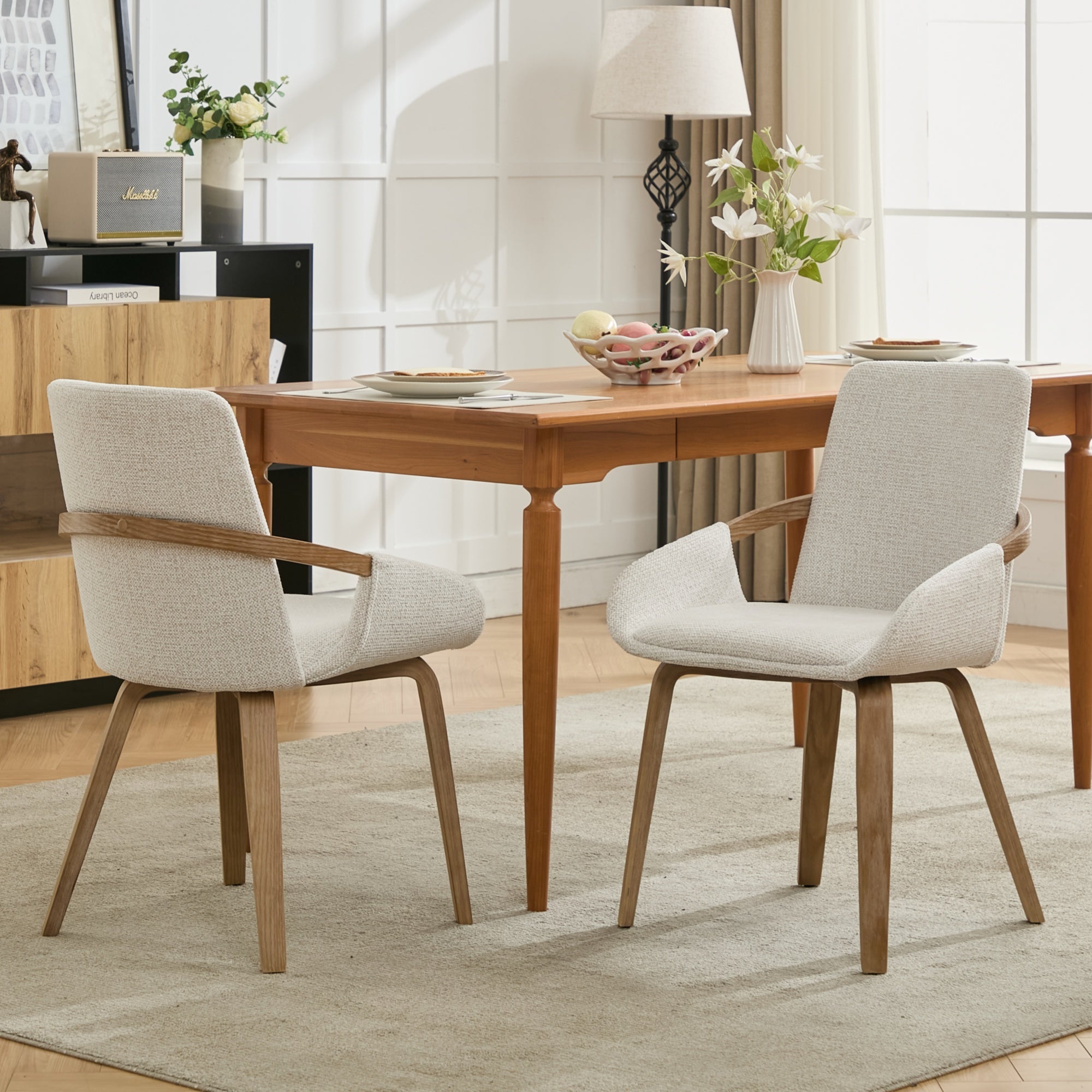Upholstery Dining Chairs Set of 2, Mid Century Bentwood Kitchen Chairs with Arms, Beige