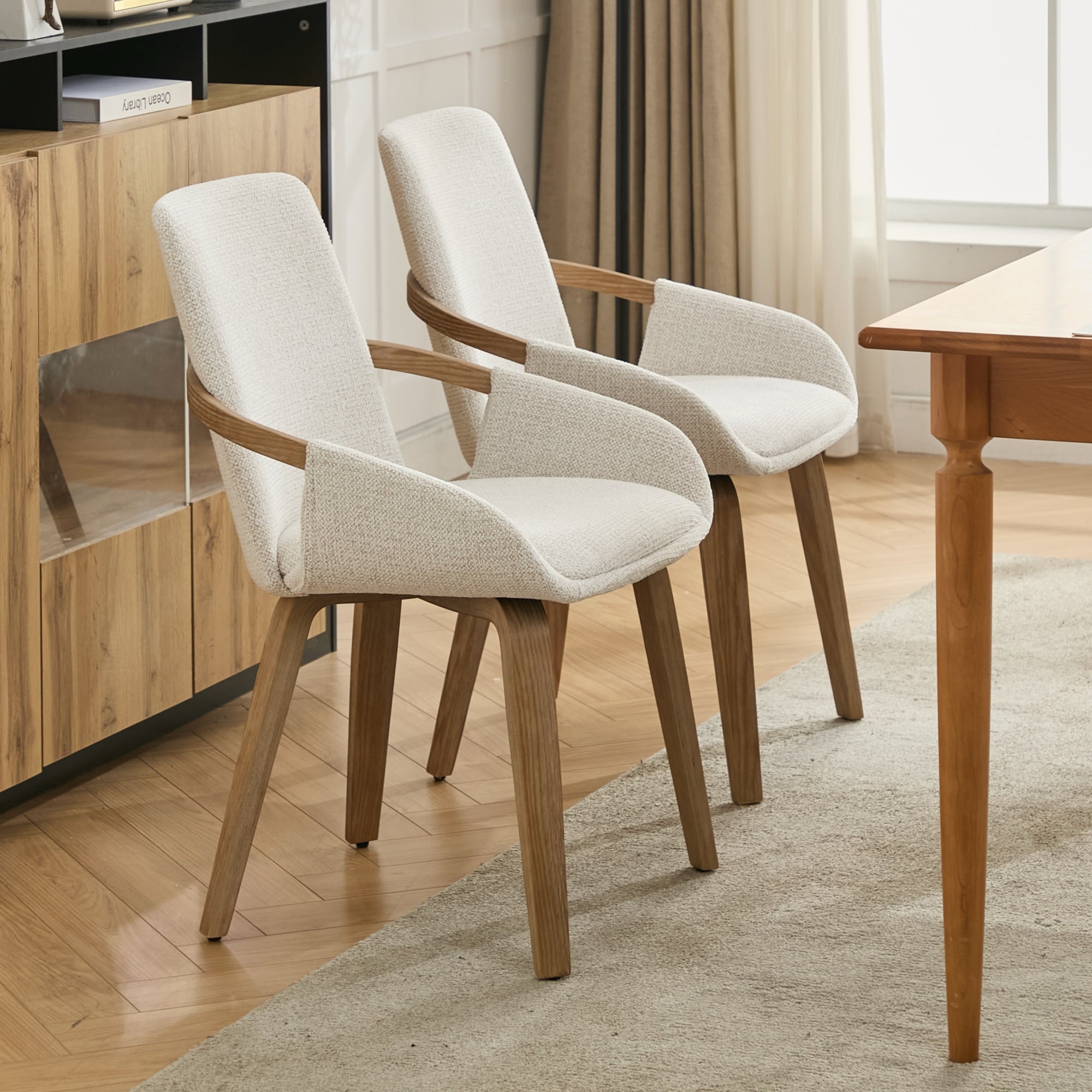 Upholstery Dining Chairs Set of 2, Mid Century Bentwood Kitchen Chairs with Arms, Beige